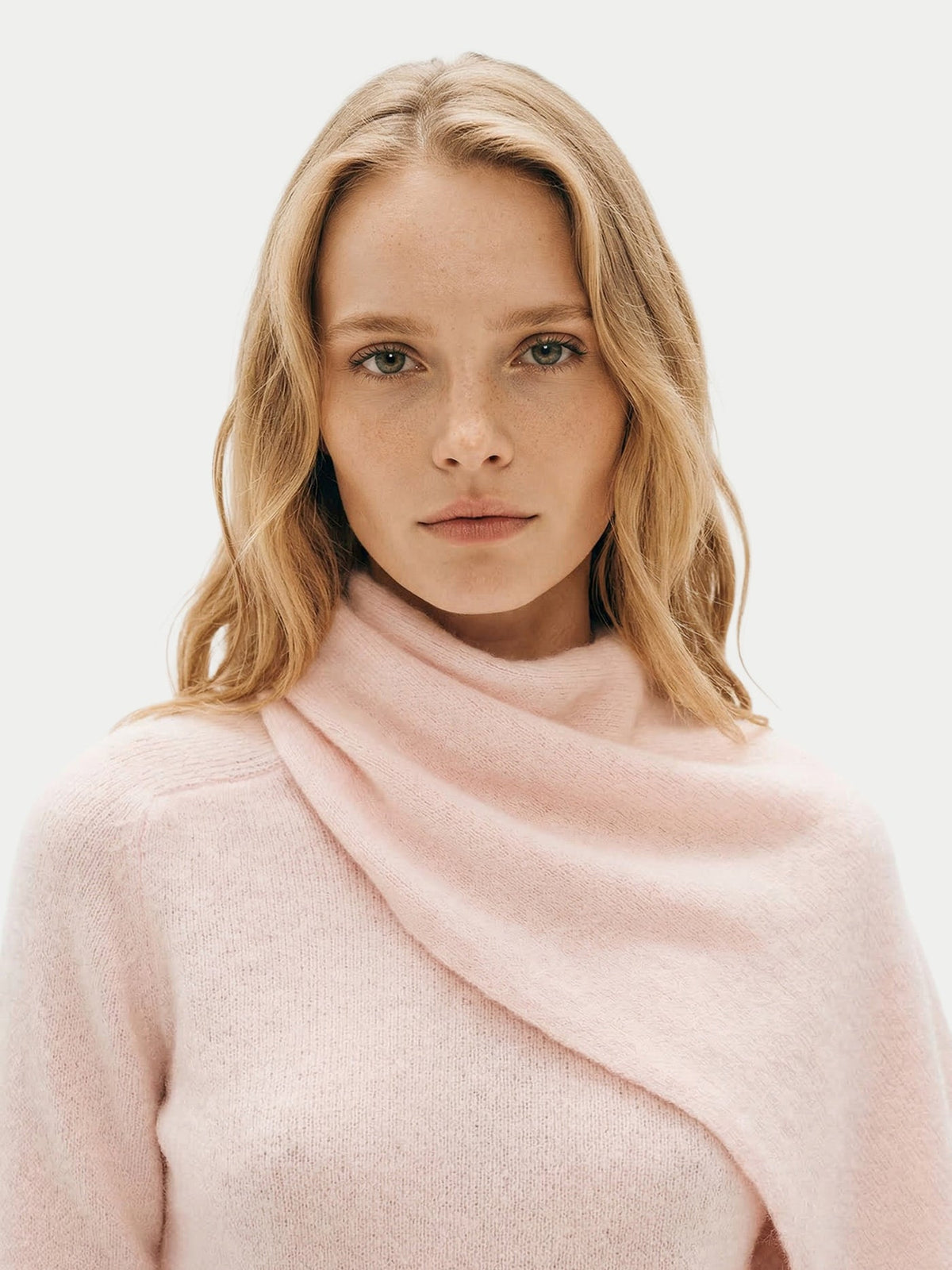 Cashmere Sweater With Draped Scarf — Light Blush