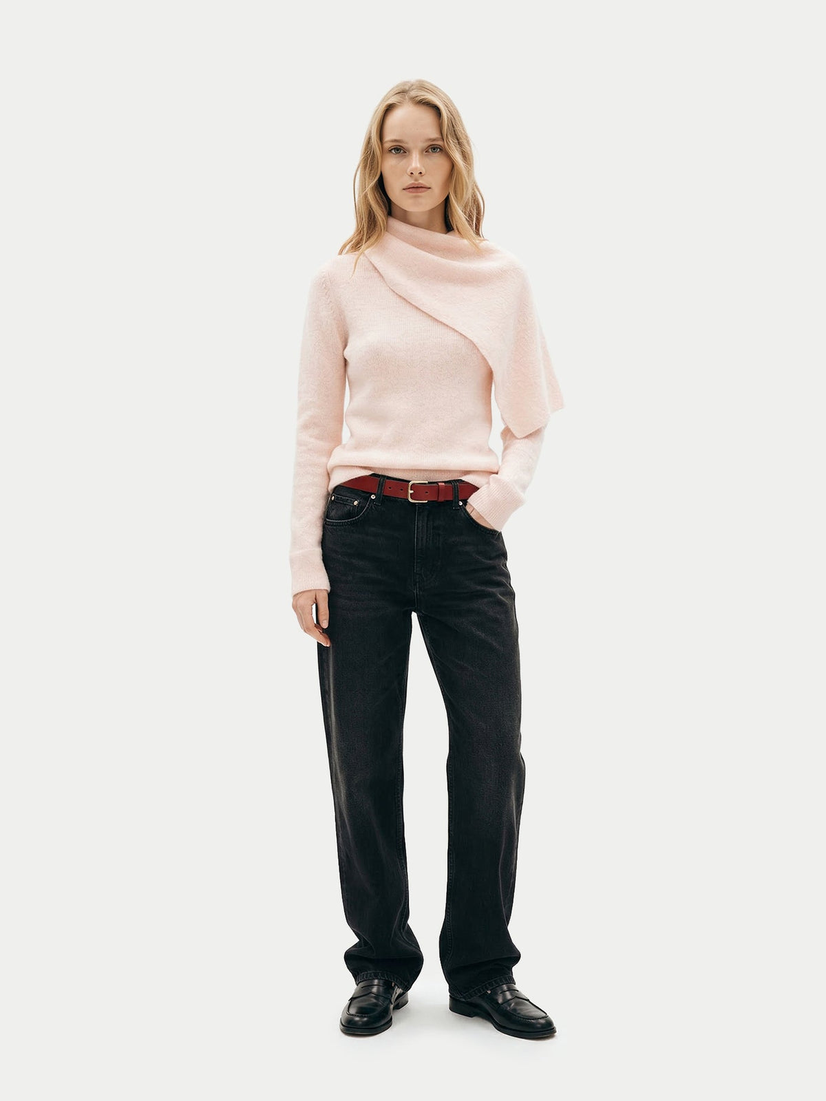 Cashmere Sweater With Draped Scarf — Light Blush