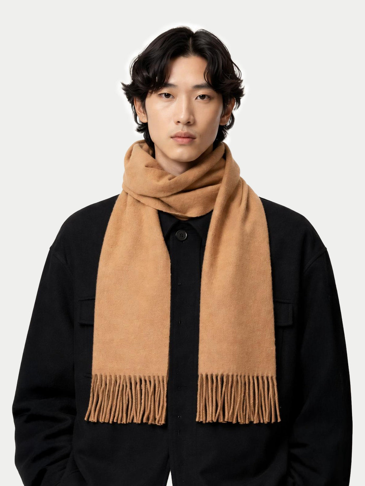 Cashmere Fringed Scarf — Light Brown