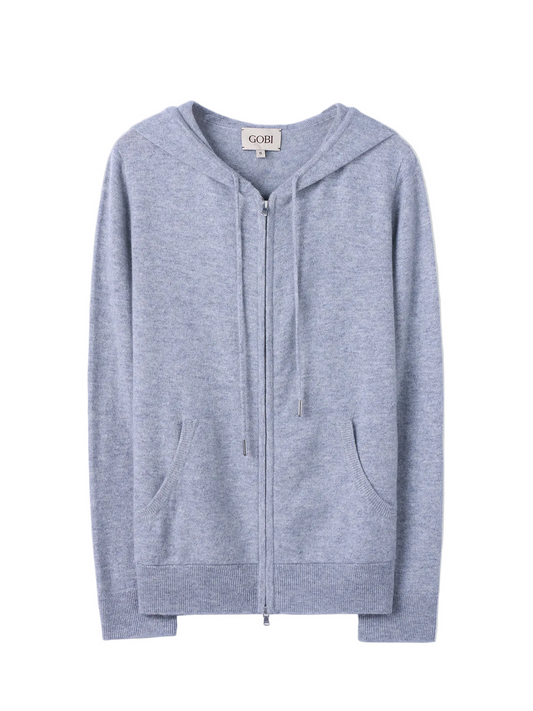 Woman Zipper Hoodie With Smiley Pocket — Light Gray