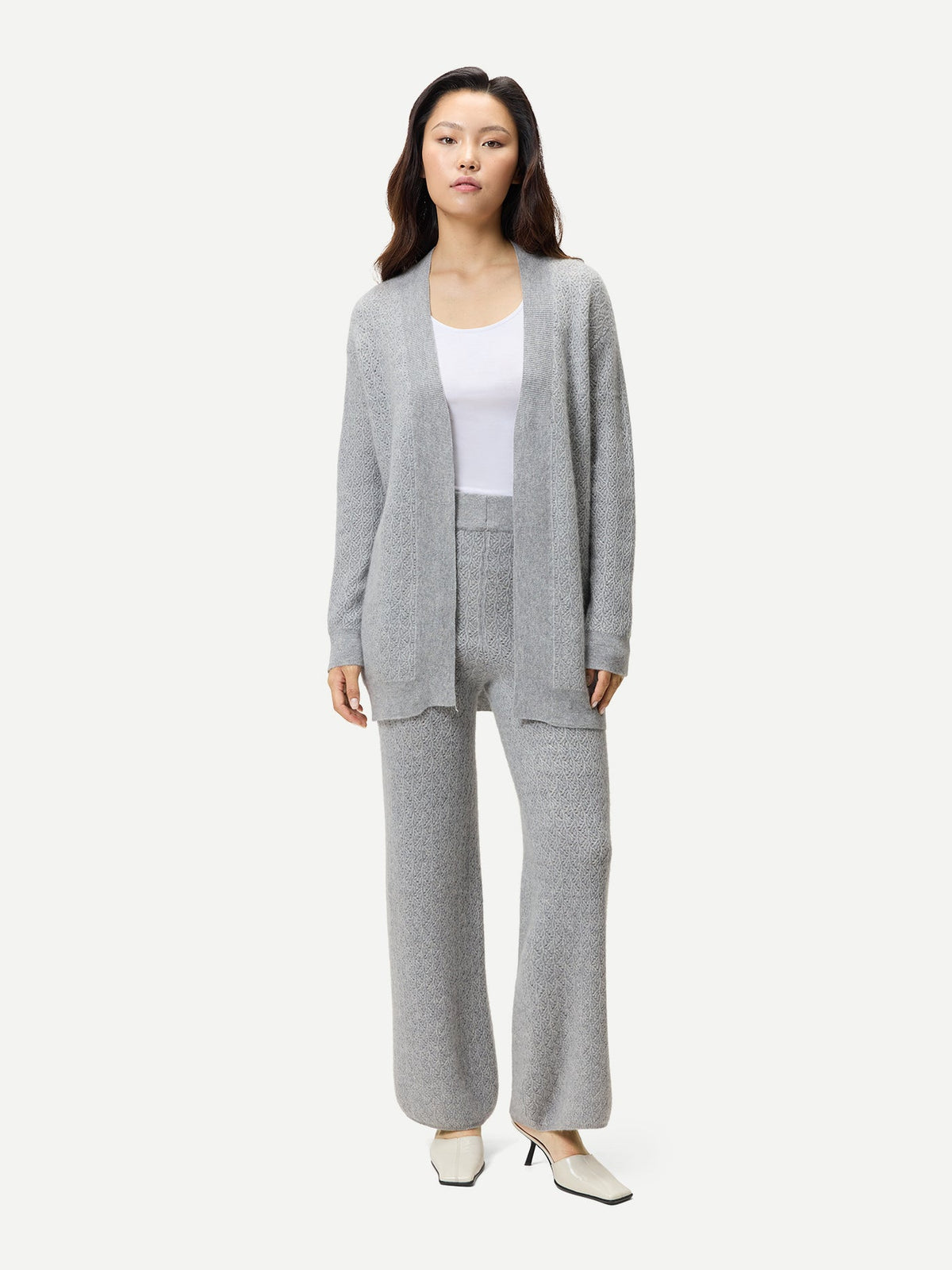 Wide-leg Ajour Knit Cashmere Pants — Light Gray