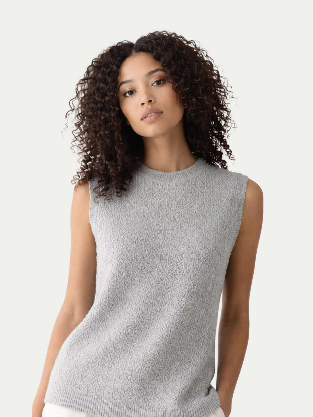 Ajour Knit Crewneck Cashmere Vest — Light Gray