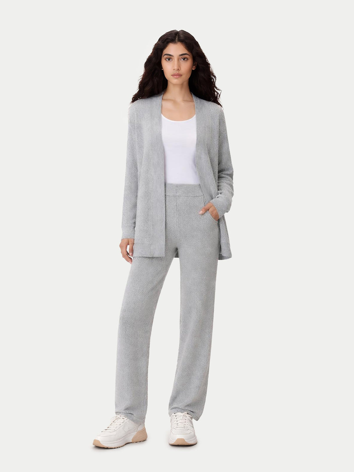 Ajour Knit Open-front Cashmere Cardigan — Light Gray