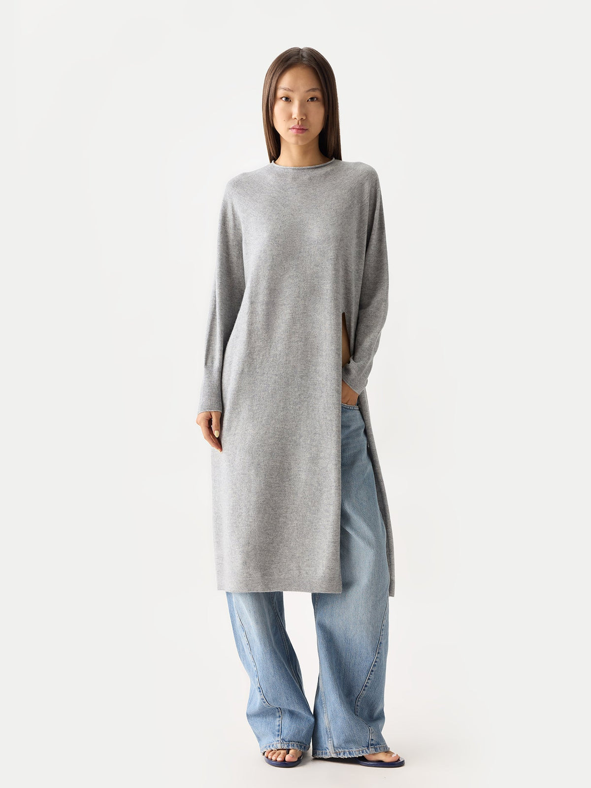 Cashmere Side-slit Maxi Dress — Light Gray