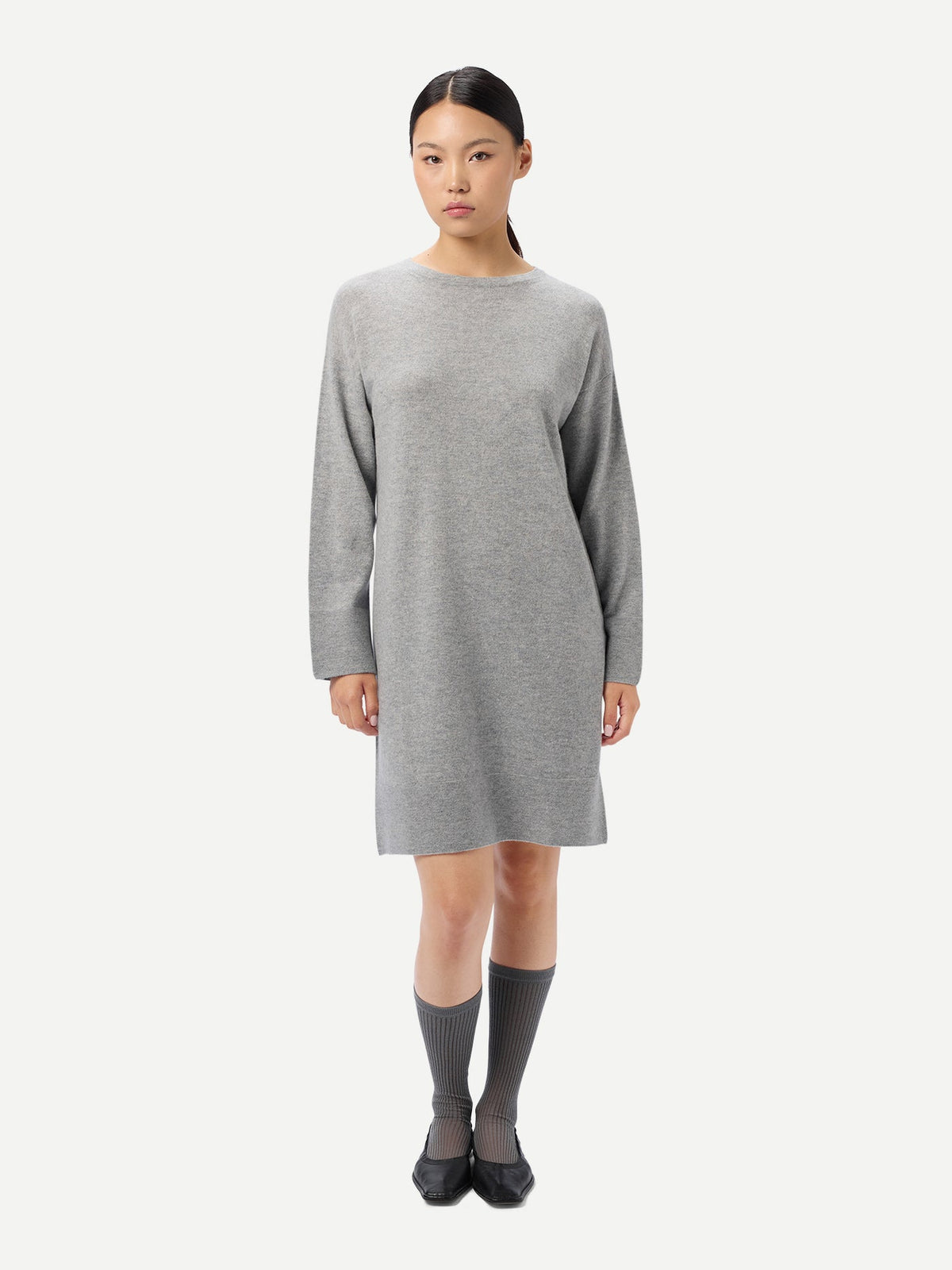 Seamless Crewneck Cashmere Dress — Light Gray