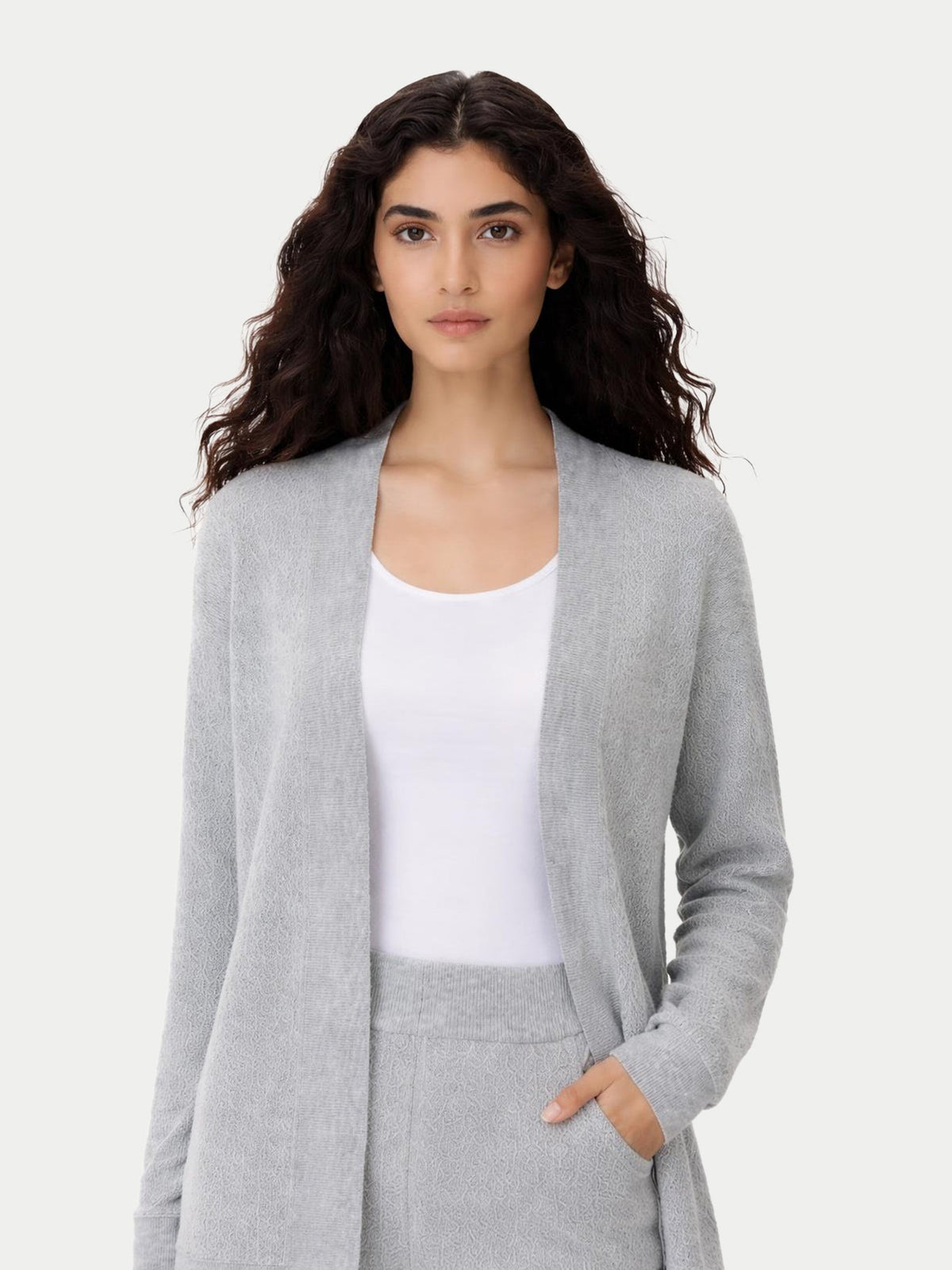 Ajour Knit Open-front Cashmere Cardigan — Light Gray