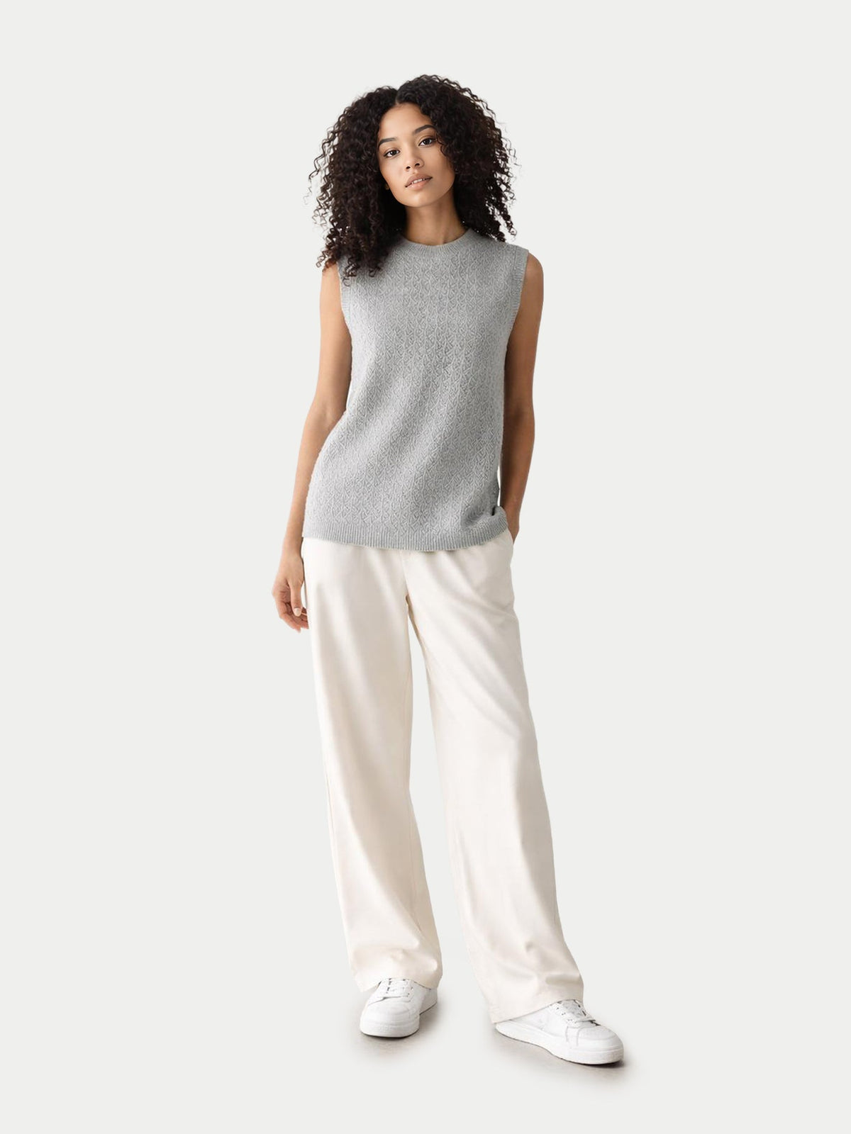 Ajour Knit Crewneck Cashmere Vest — Light Gray