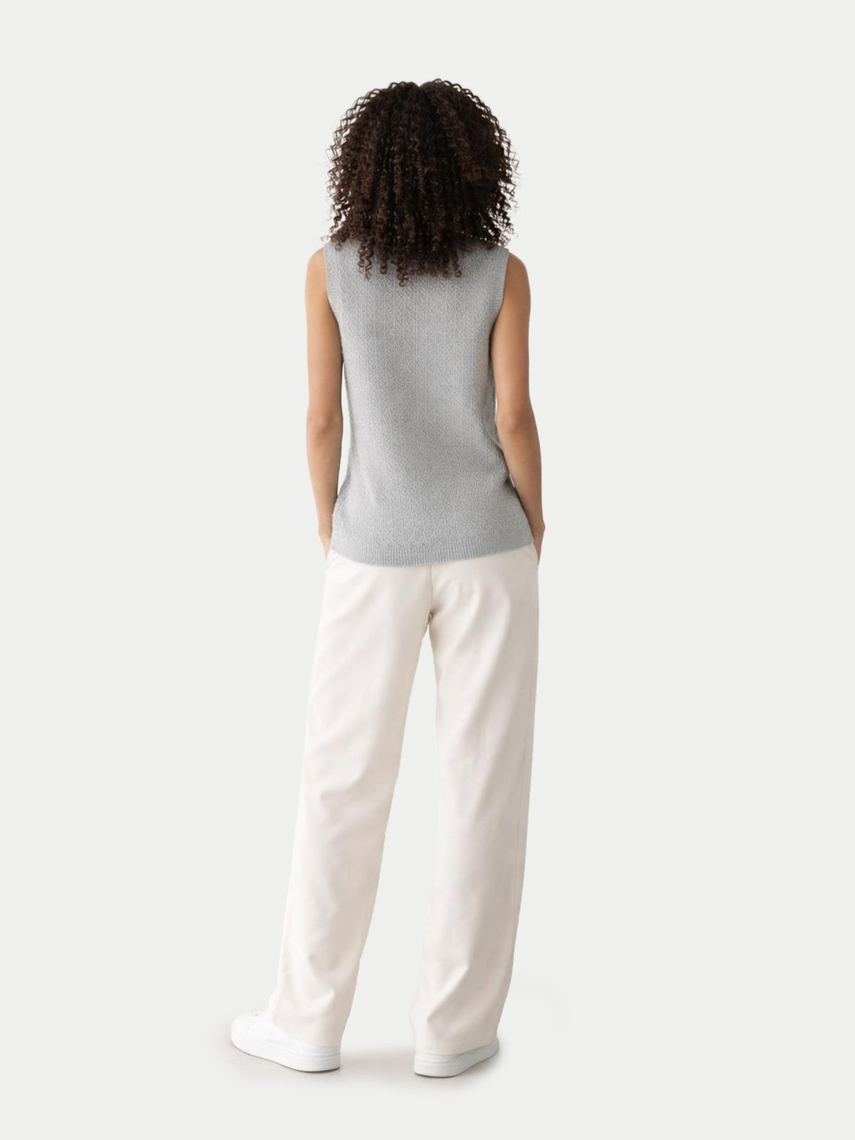Ajour Knit Crewneck Cashmere Vest — Light Gray