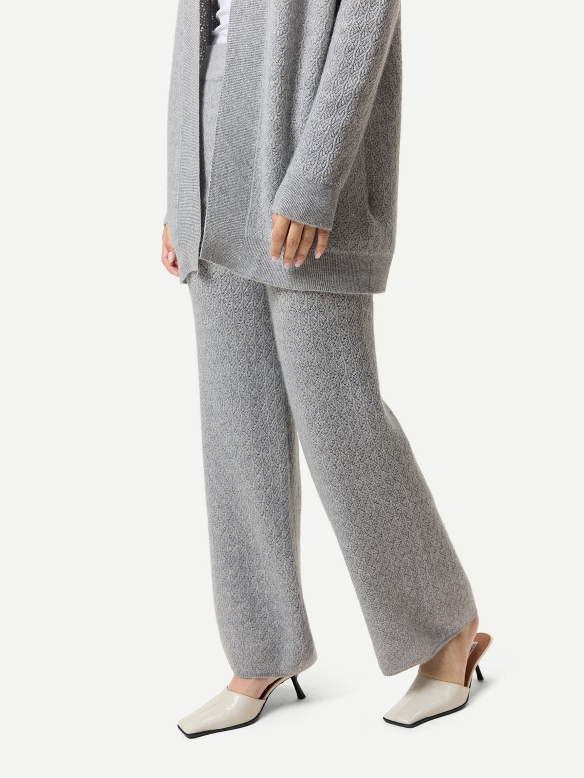 Wide-leg Ajour Knit Cashmere Pants — Light Gray