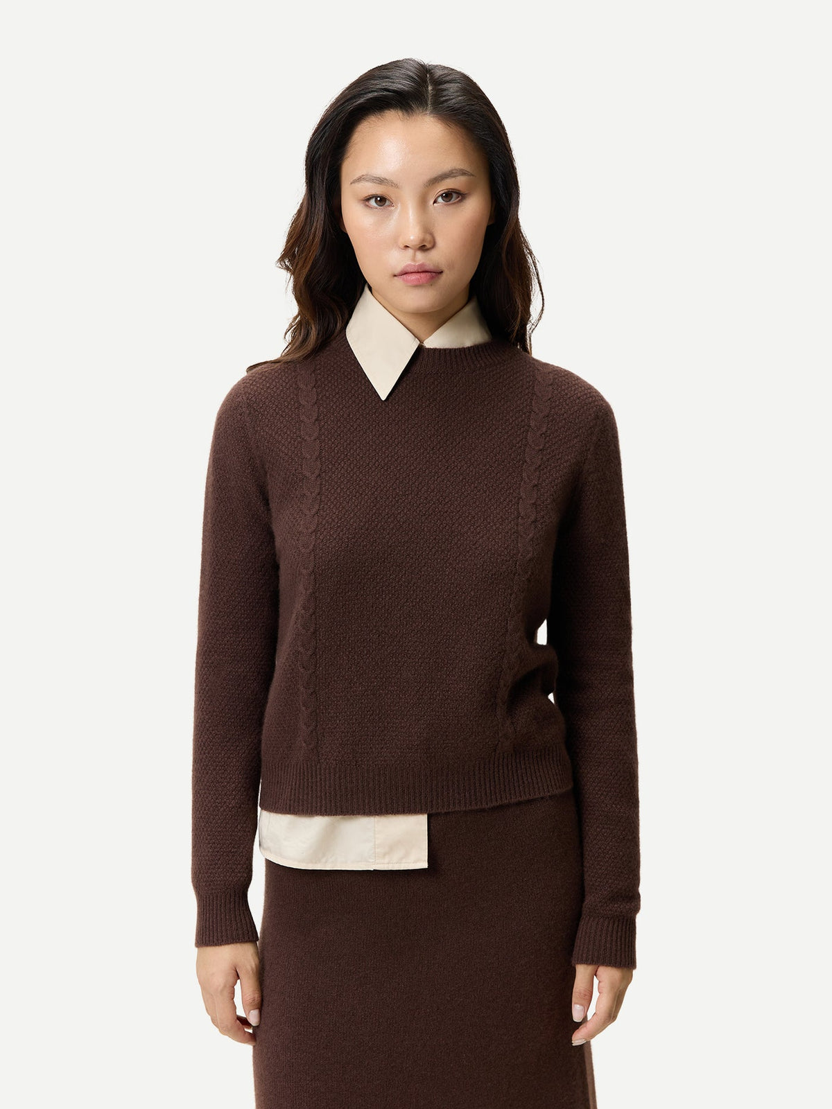 Cropped Crewneck Cashmere Sweater — Mahogany Brown
