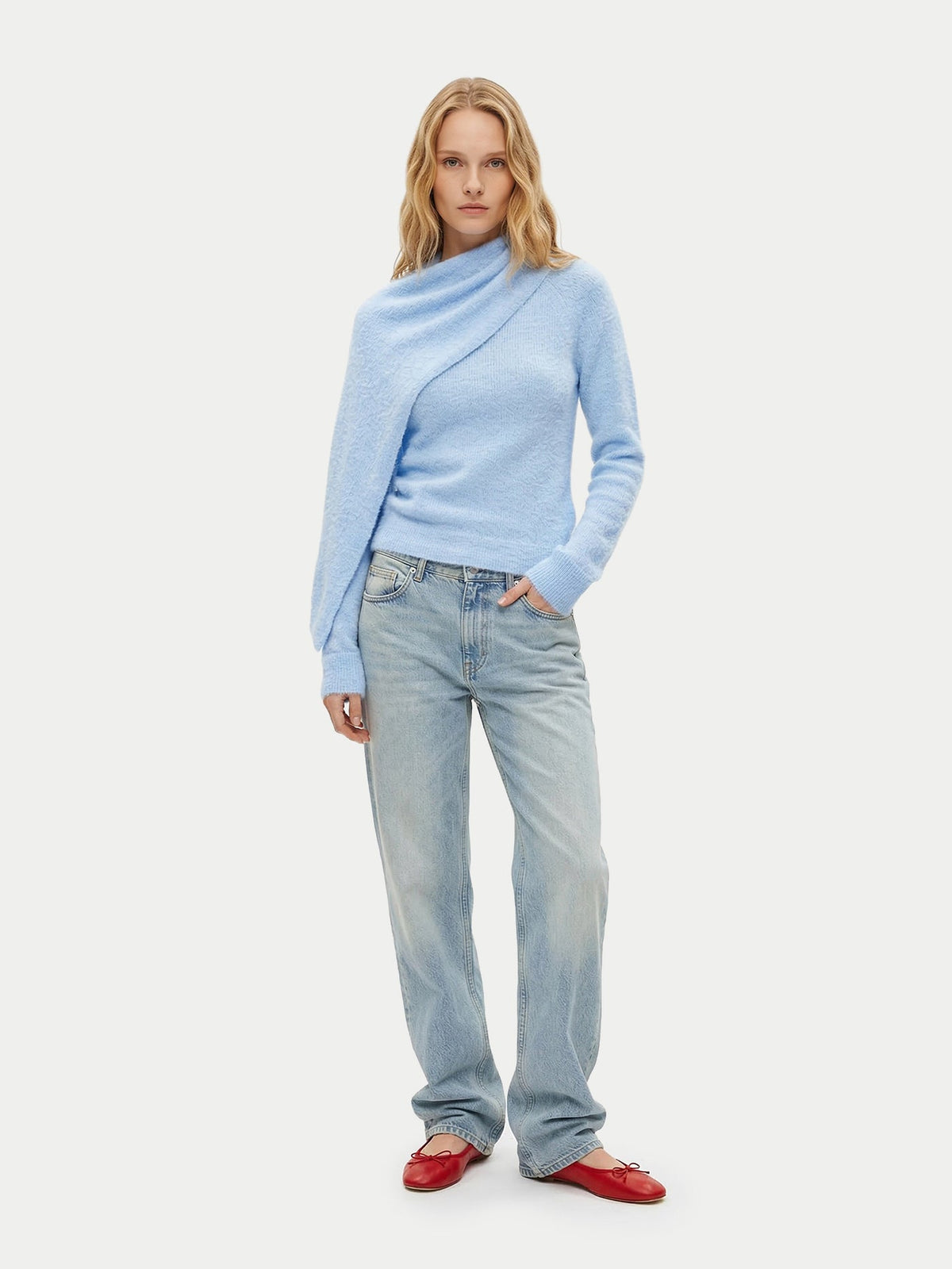 Cashmere Sweater With Draped Scarf — Muted Blue