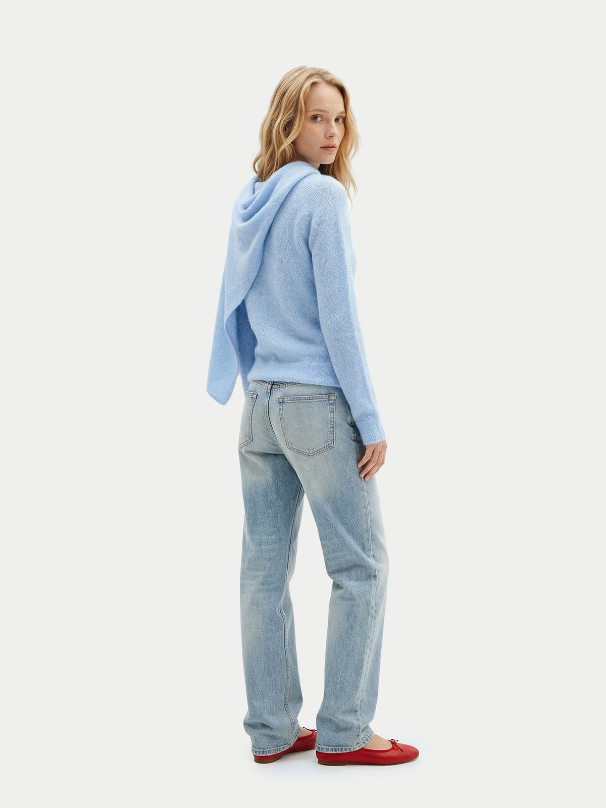Cashmere Sweater With Draped Scarf — Muted Blue