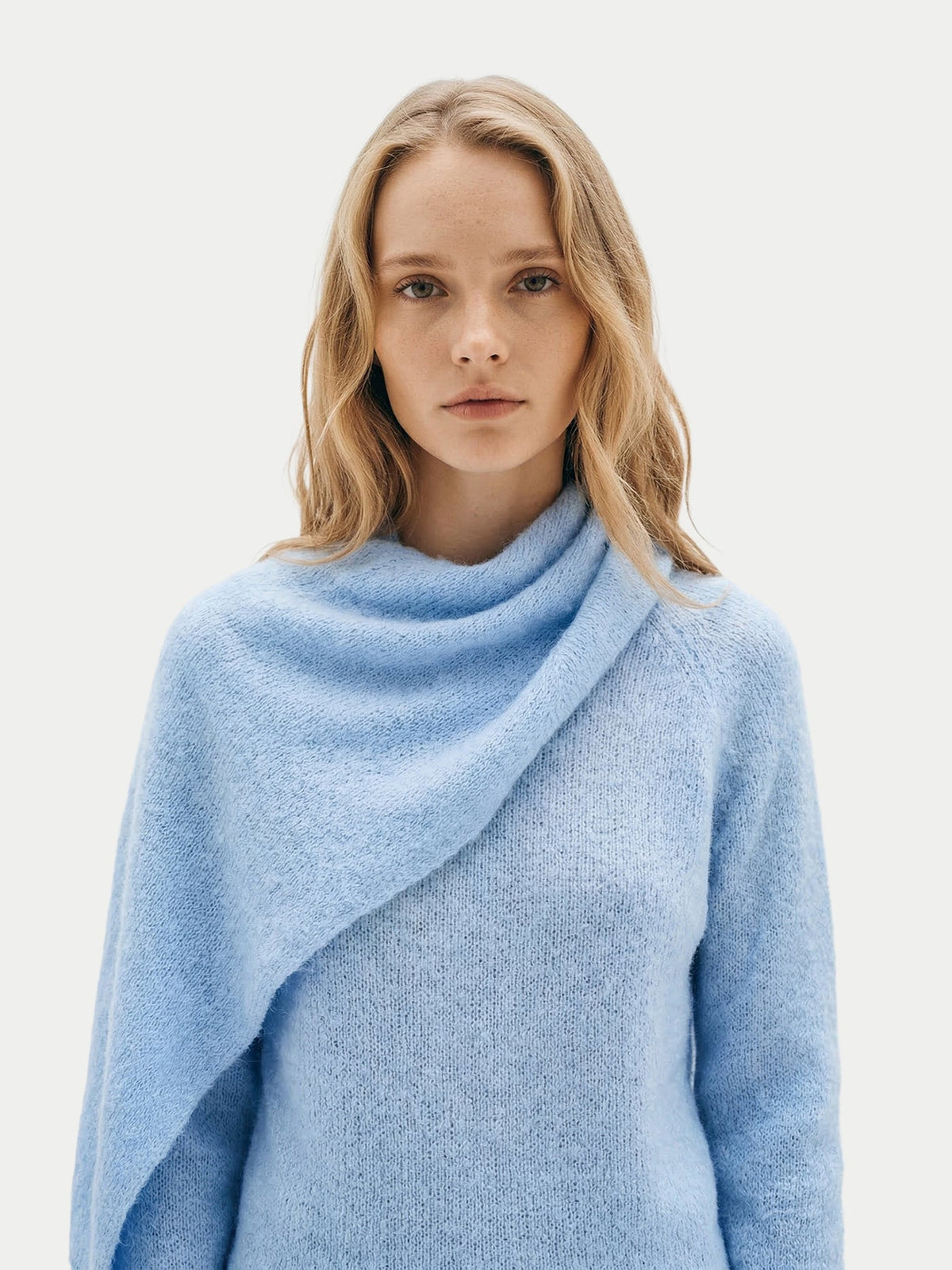 Cashmere Sweater With Draped Scarf — Muted Blue