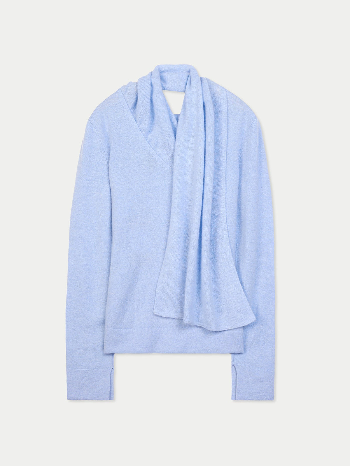 Cashmere Sweater With Draped Scarf — Muted Blue