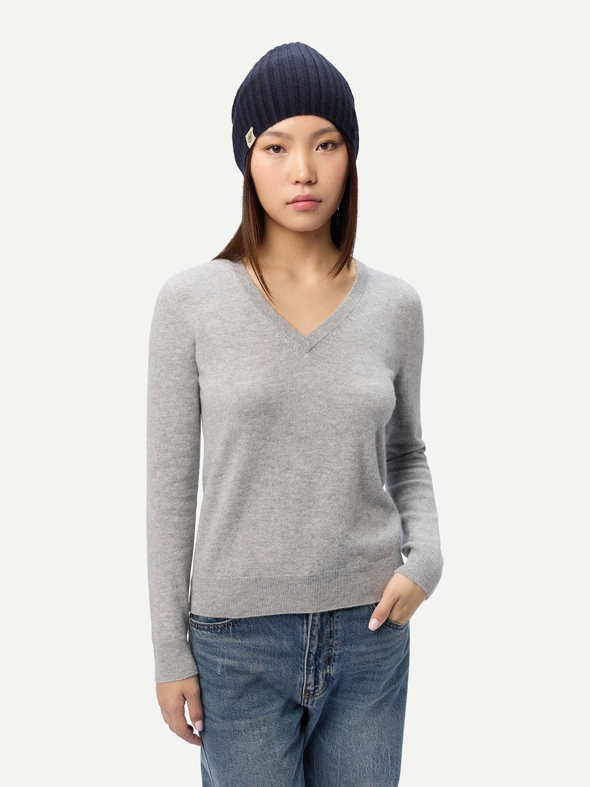Cashmere Rib Knit Hat — Navy