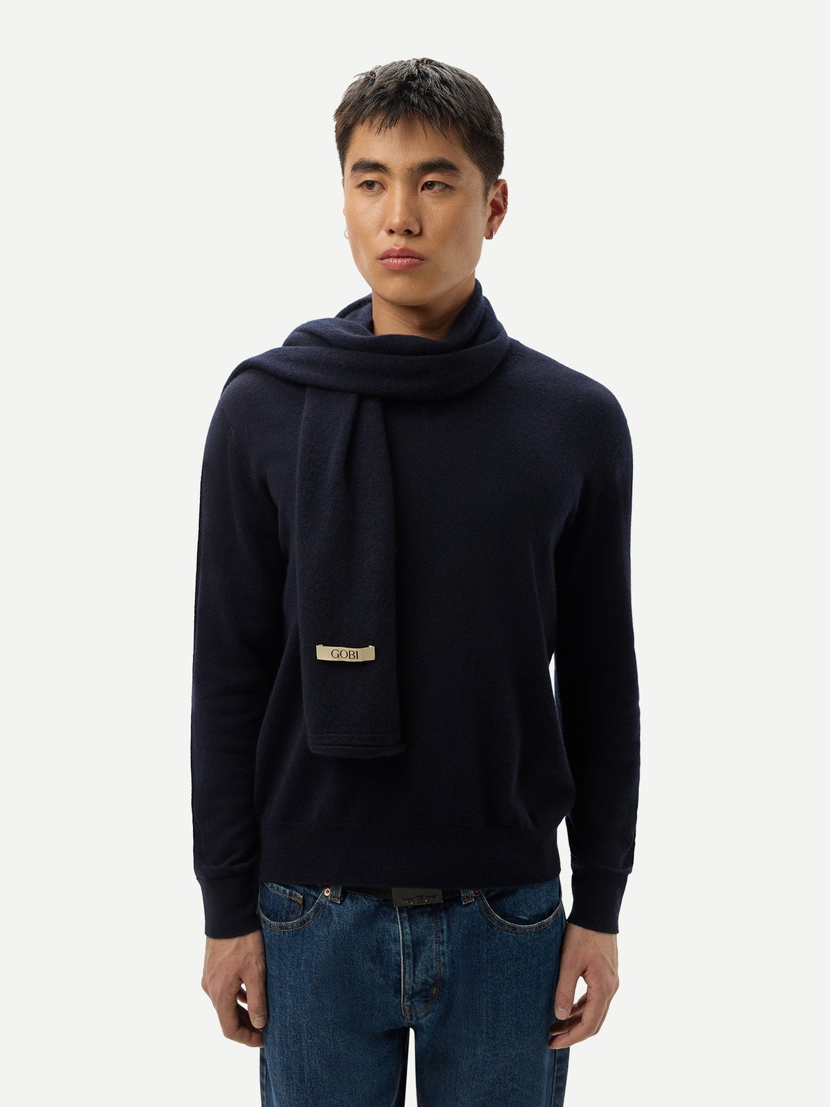 Cashmere Jersey Knit Scarf — Navy