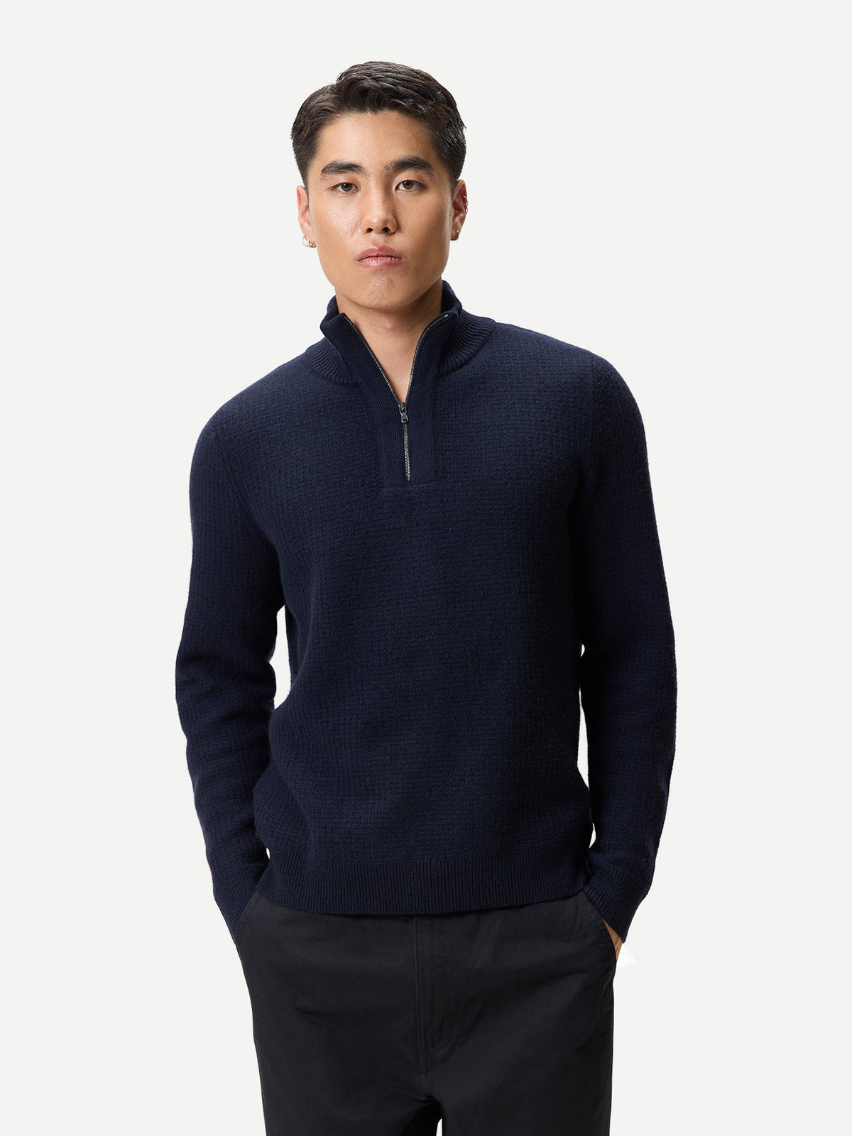 Men's Cashmere Waffle Knit Half-zip Sweater — Navy