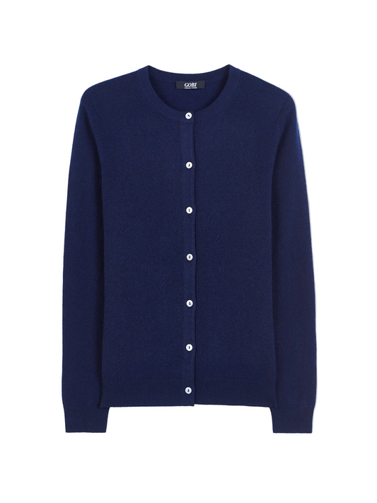 Cashmere Crew Neck Button Cardigan — Navy Blue