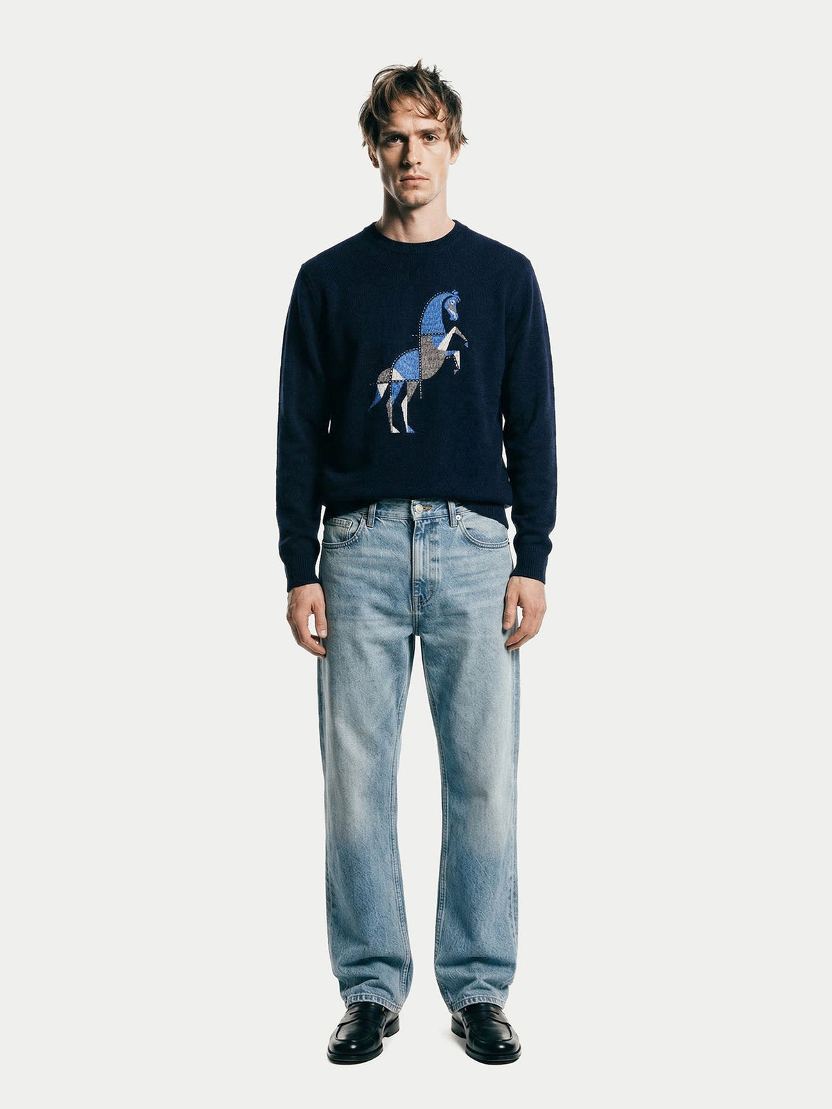Cashmere Horse Intarsia Sweater — Navy Blue