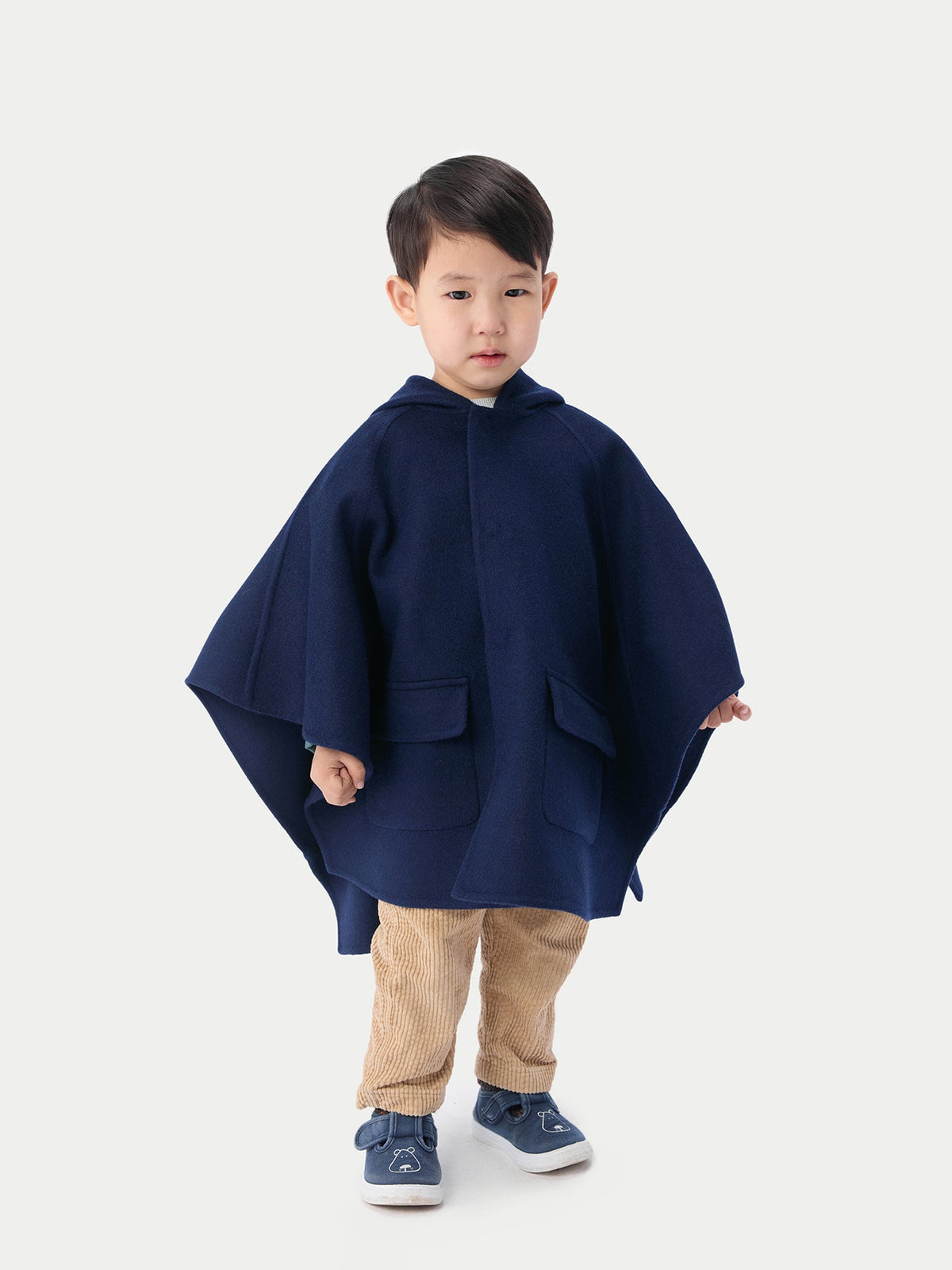 Kids Hooded Cashmere Poncho — Navy Blue