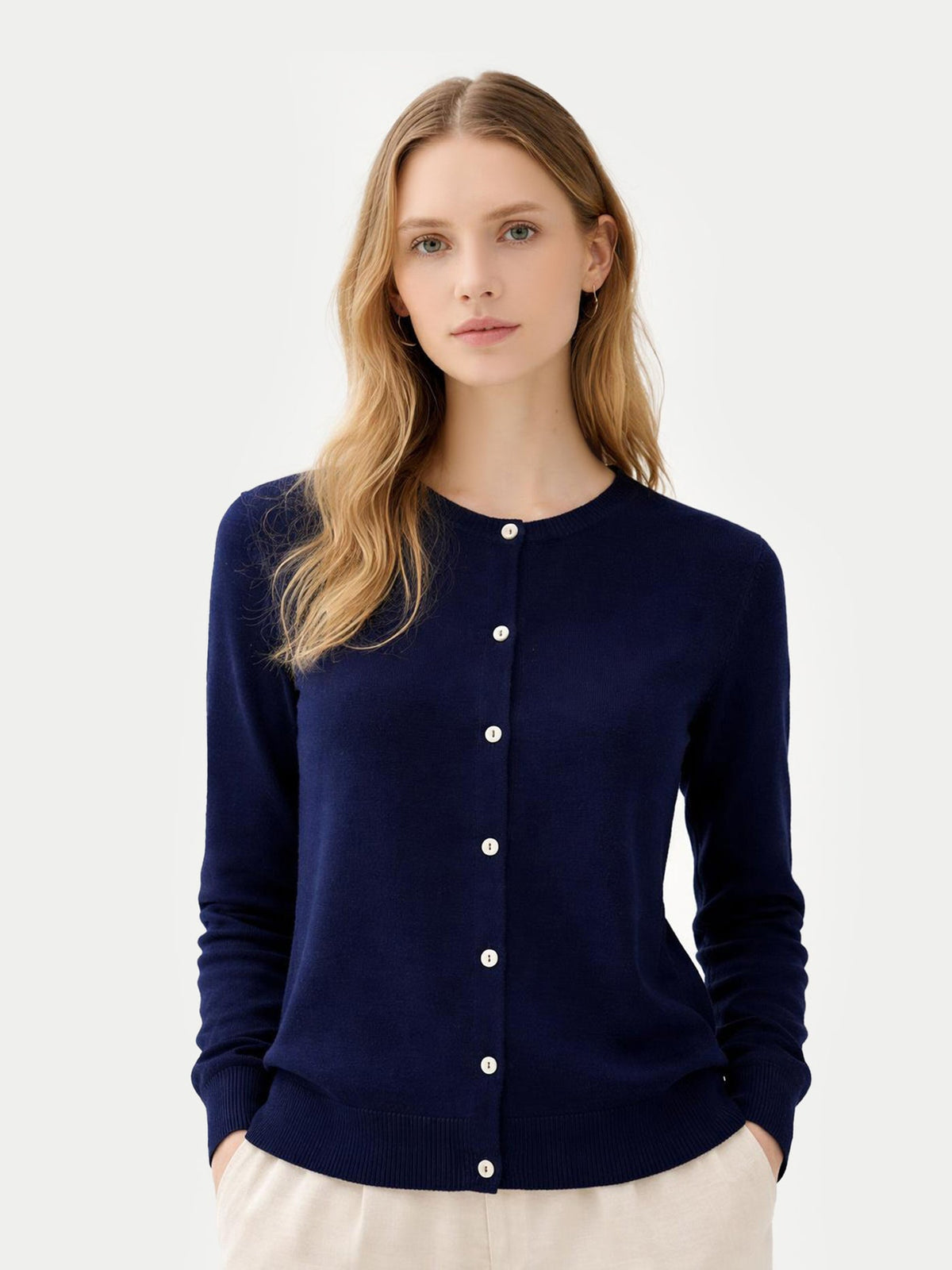 Cashmere Crew Neck Button Cardigan — Navy Blue