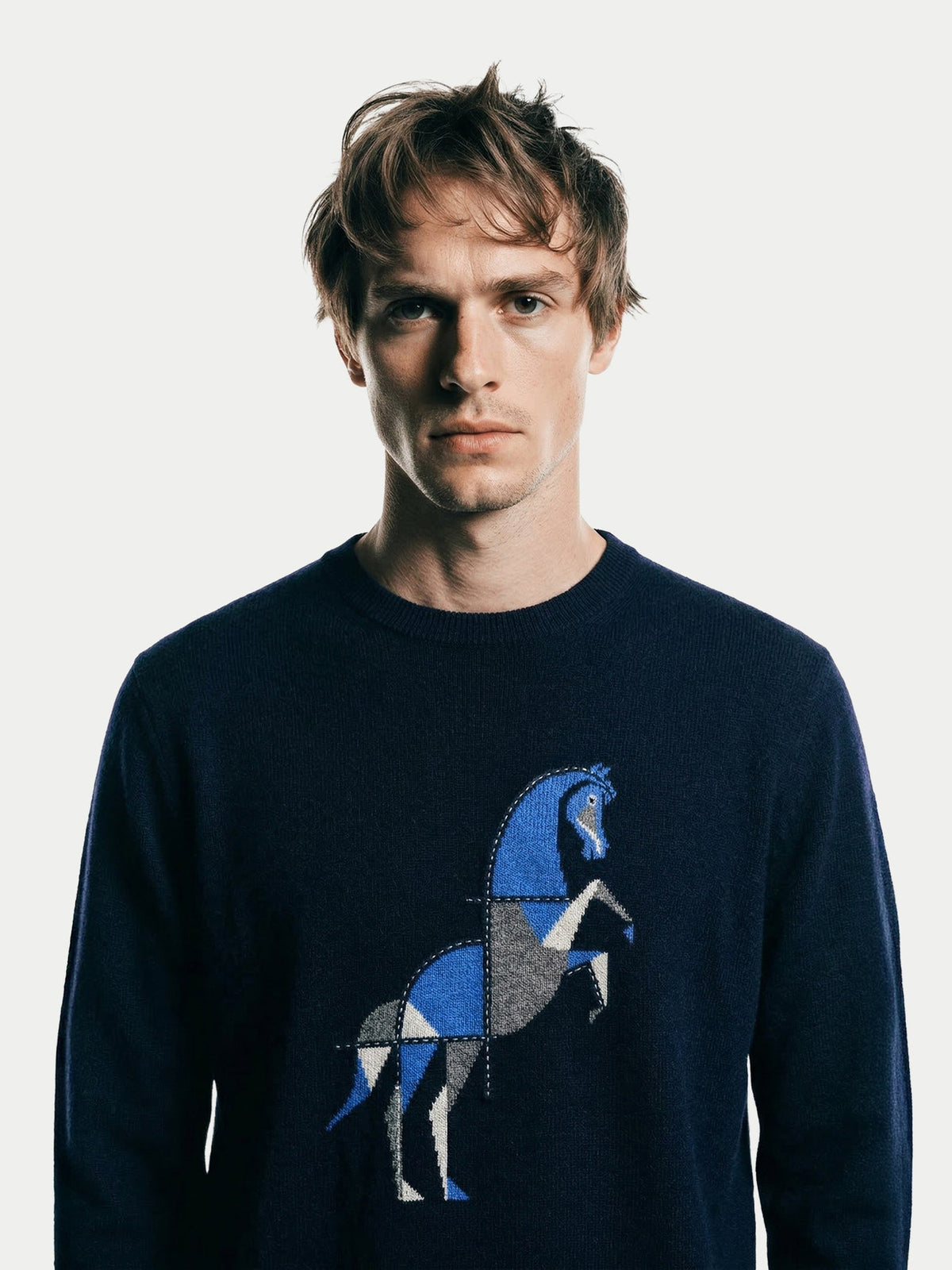 Cashmere Horse Intarsia Sweater — Navy Blue