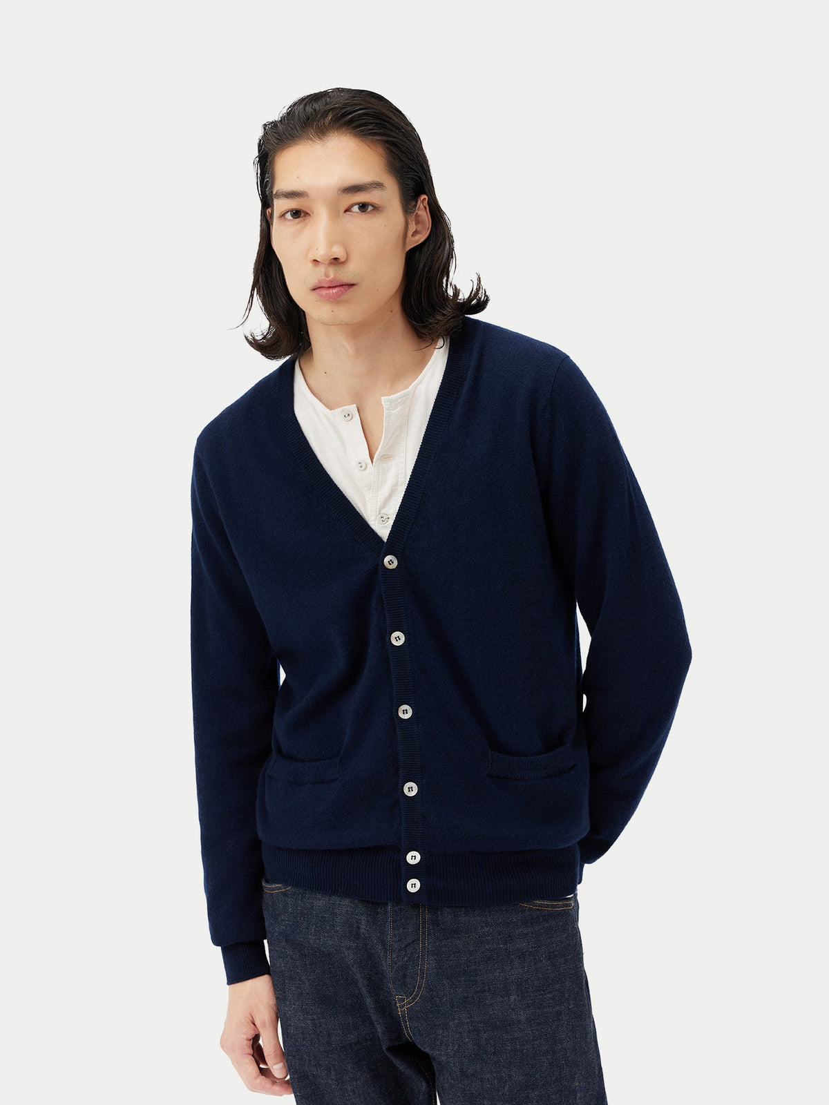 Essential Cashmere V-neck Cardigan — Navy Blue