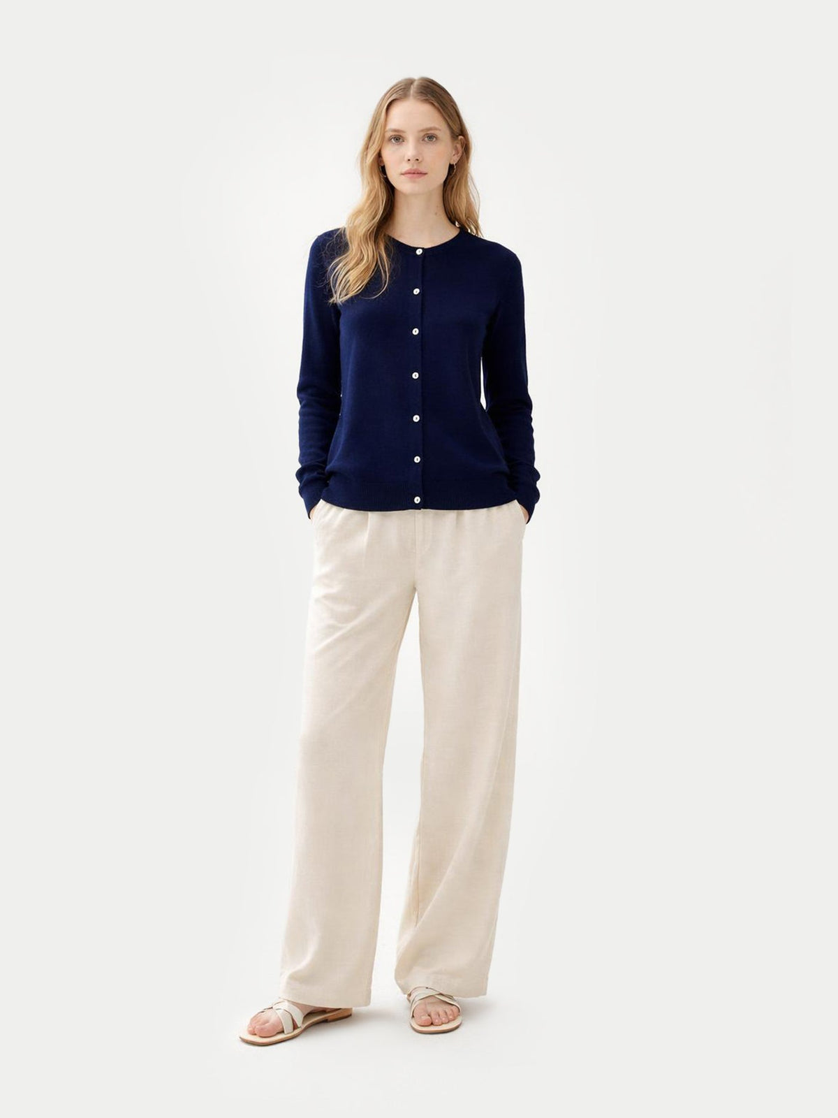 Cashmere Crew Neck Button Cardigan — Navy Blue