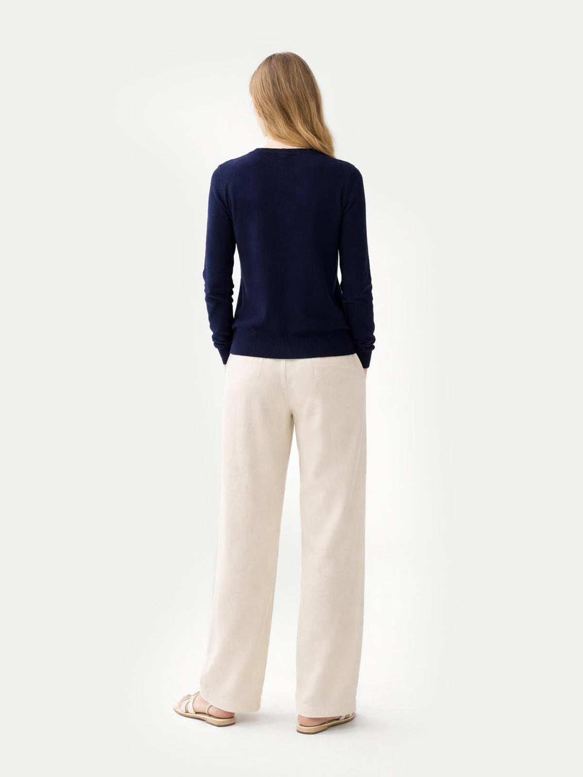 Cashmere Crew Neck Button Cardigan — Navy Blue
