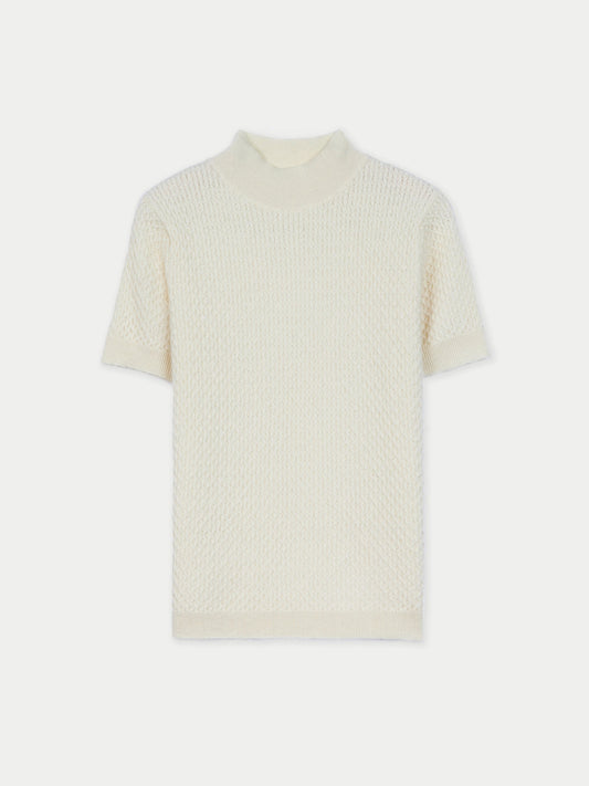 Natural Color Short-sleeve Textured Cashmere Top — Off-white