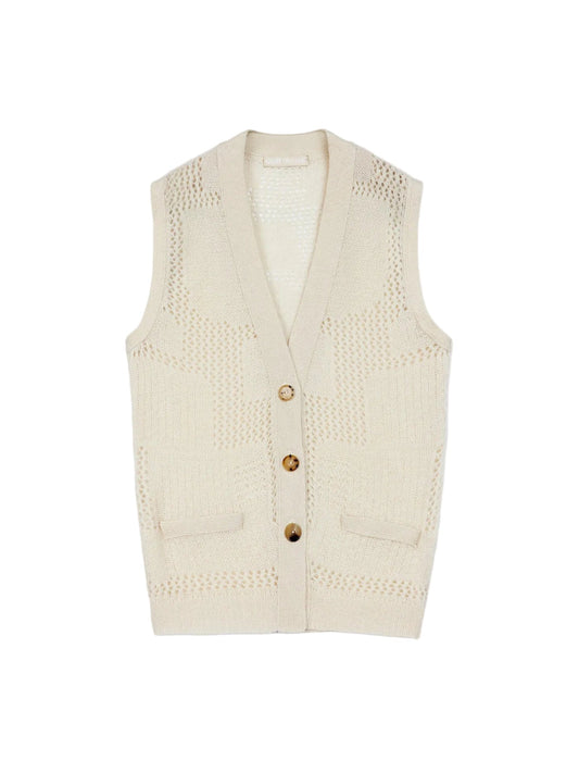 Natural Color Mixed Pattern Cashmere Vest — Off-white
