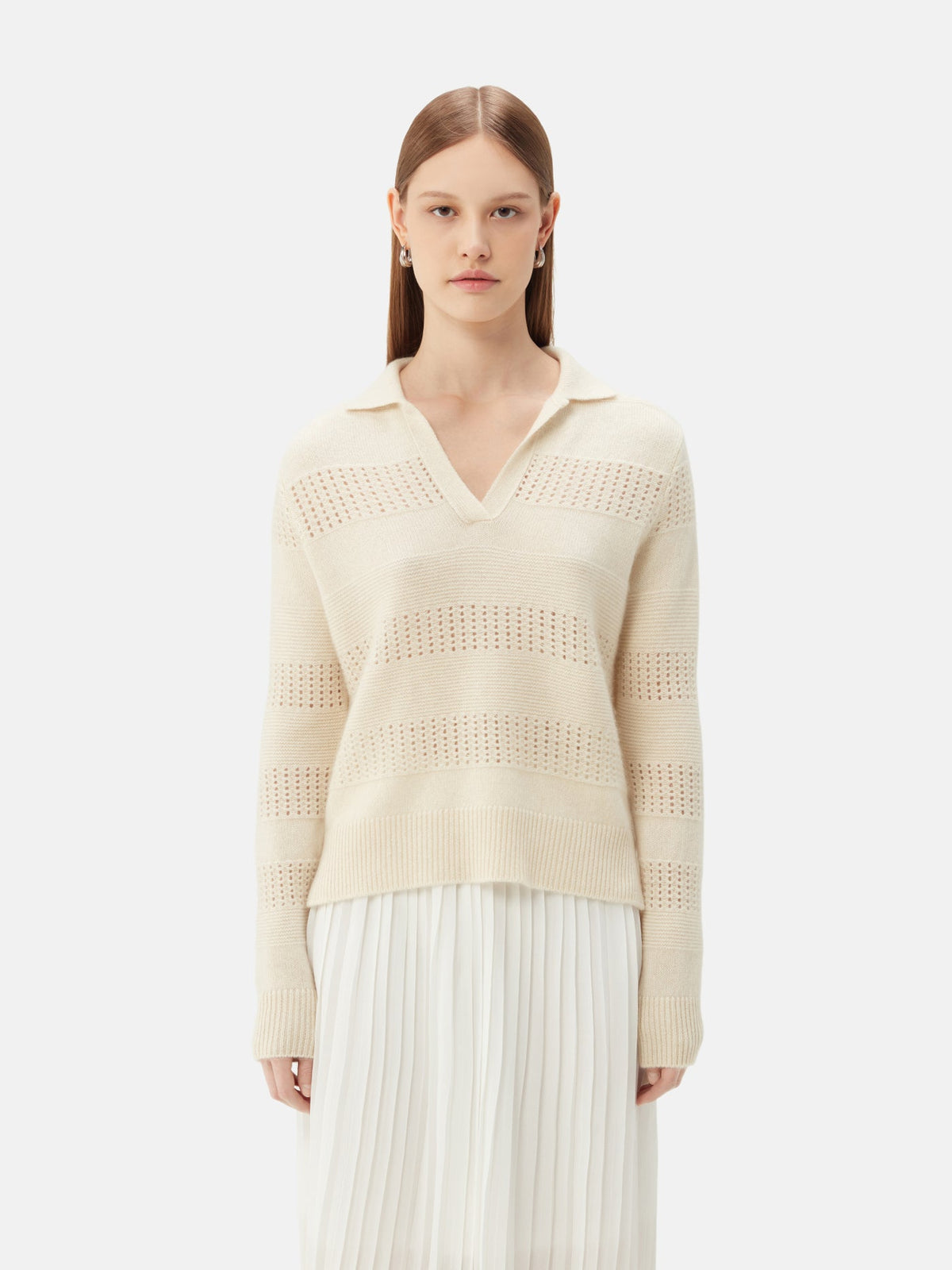 Natural Color Mixed Pattern Cashmere Polo — Off-white