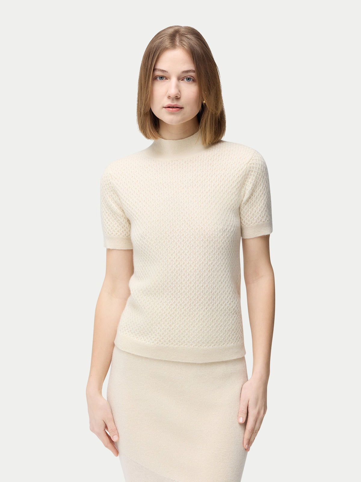 Natural Color Short-sleeve Textured Cashmere Top — Off-white