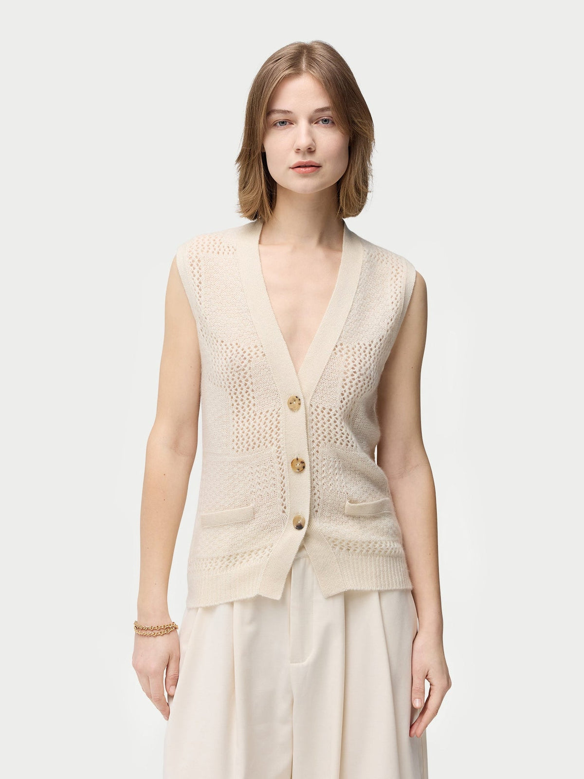 Natural Color Mixed Pattern Cashmere Vest — Off-white