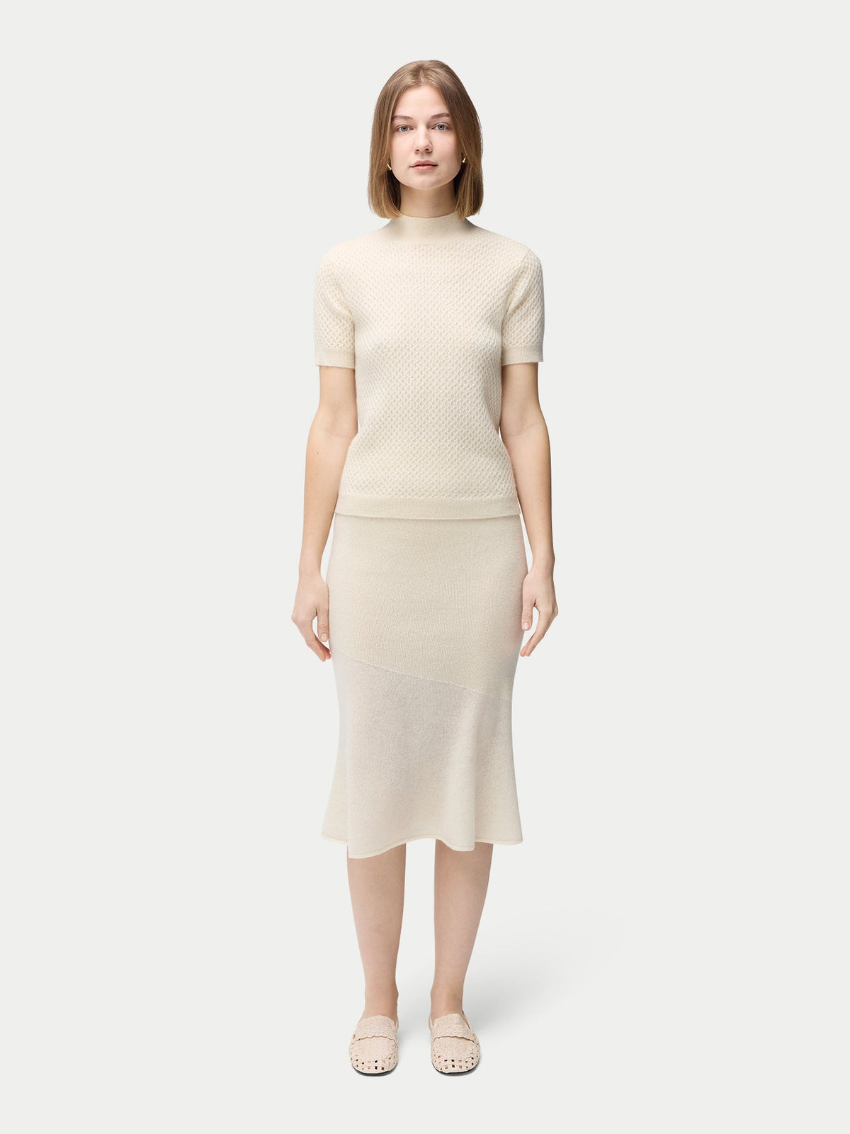 Natural Color Short-sleeve Textured Cashmere Top — Off-white