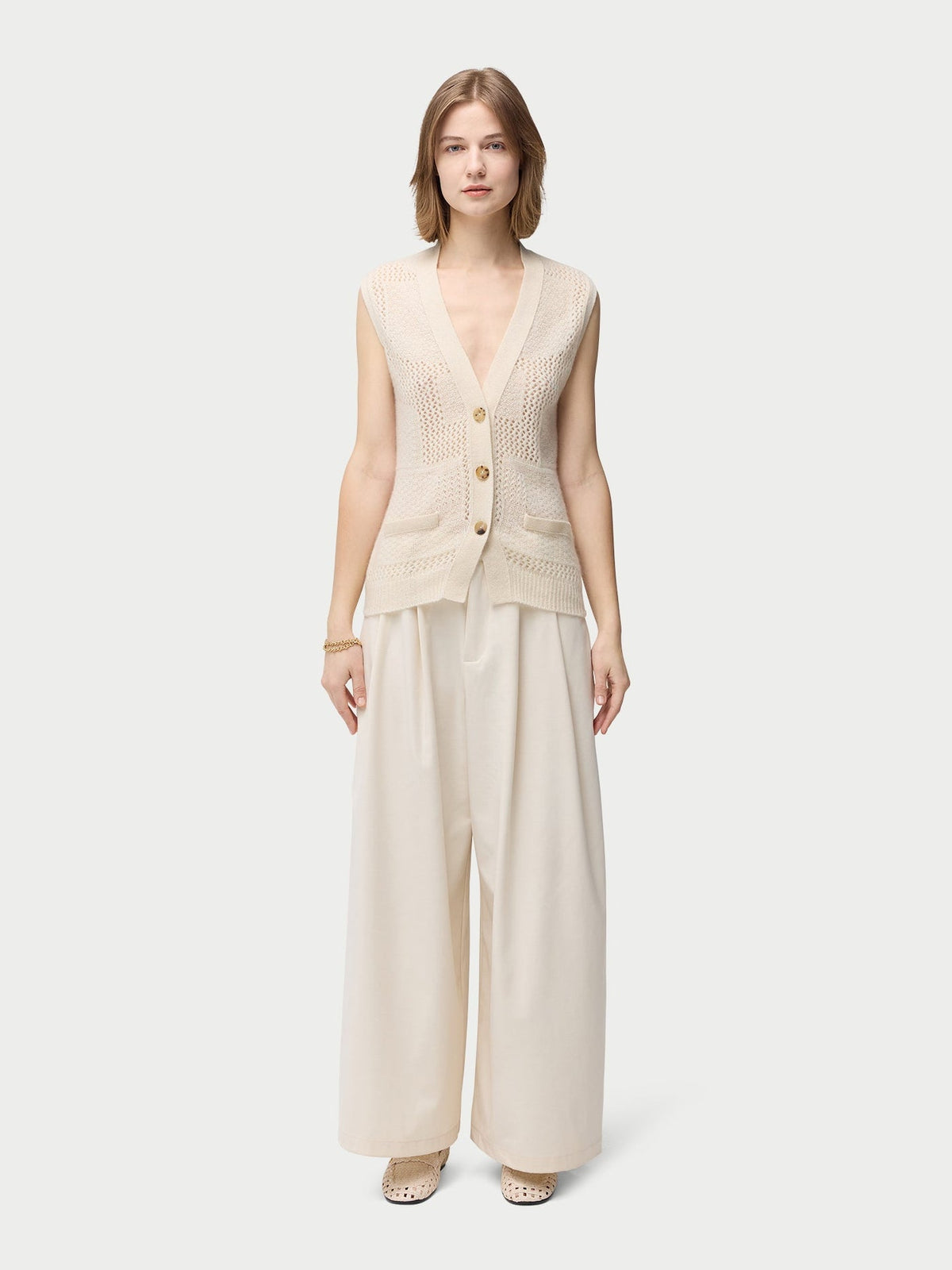 Natural Color Mixed Pattern Cashmere Vest — Off-white
