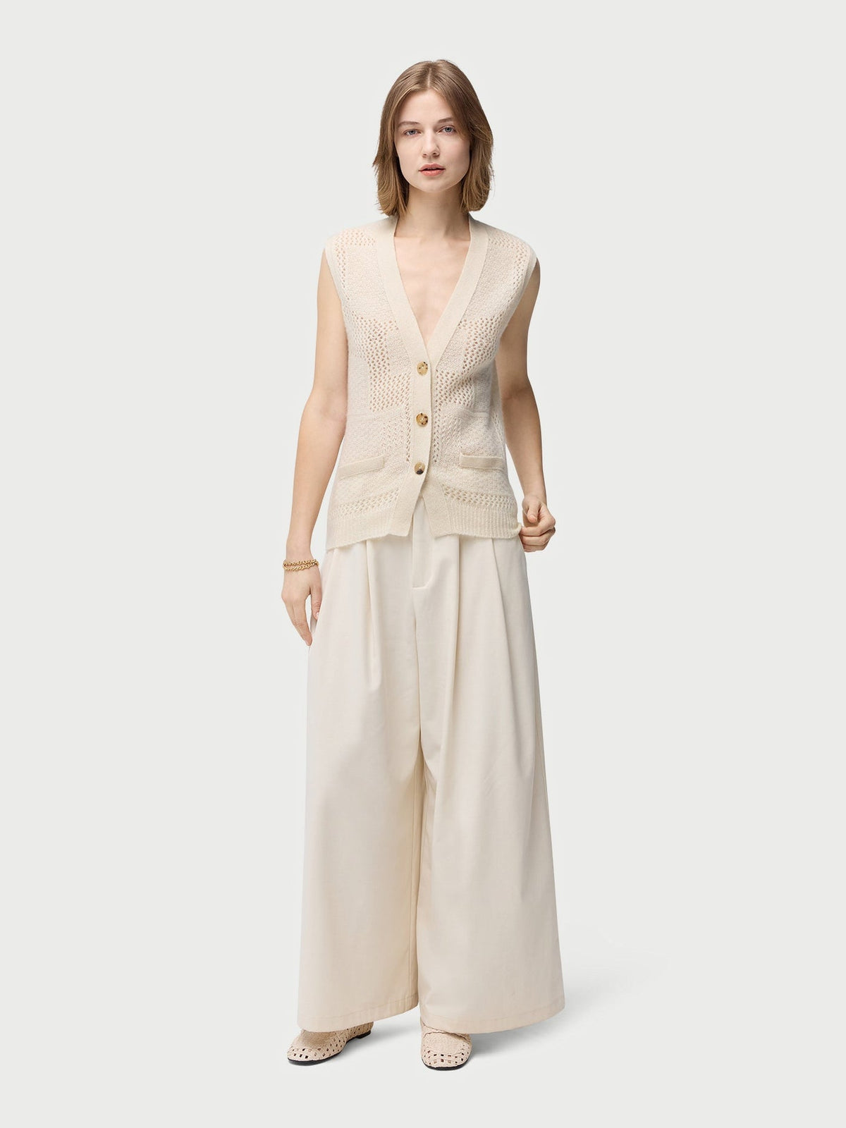 Natural Color Mixed Pattern Cashmere Vest — Off-white