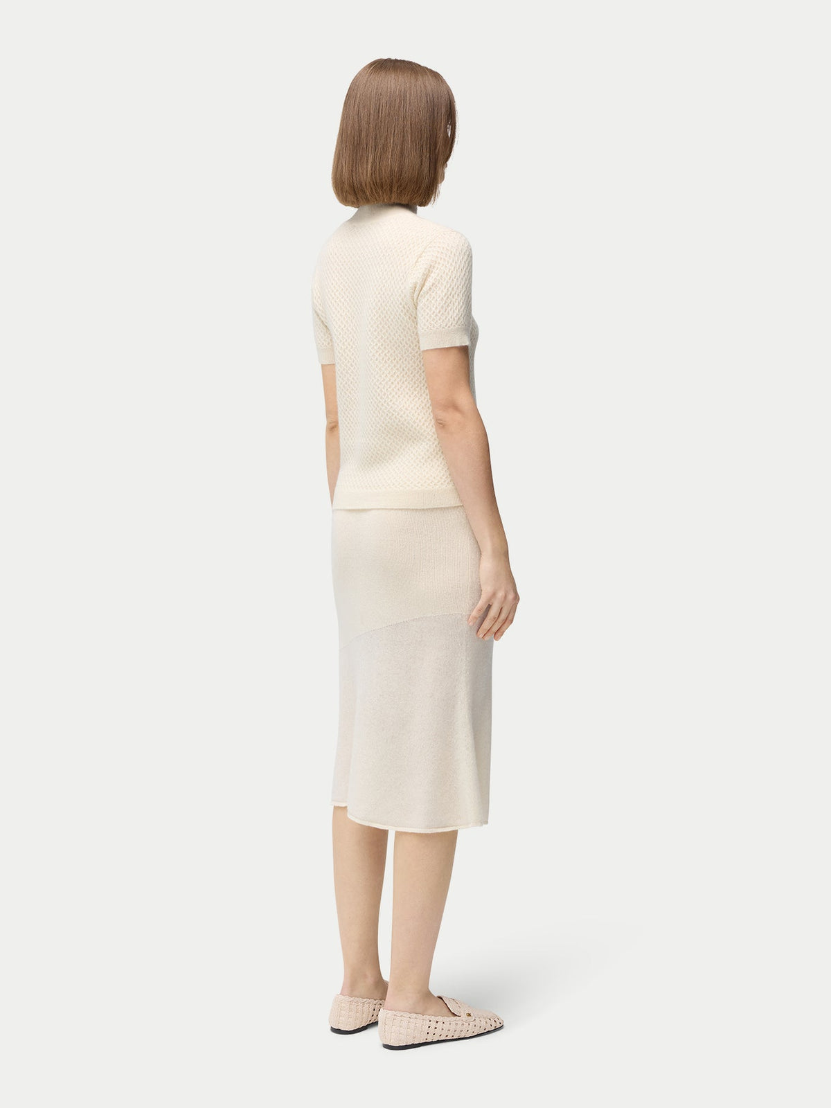 Natural Color Short-sleeve Textured Cashmere Top — Off-white
