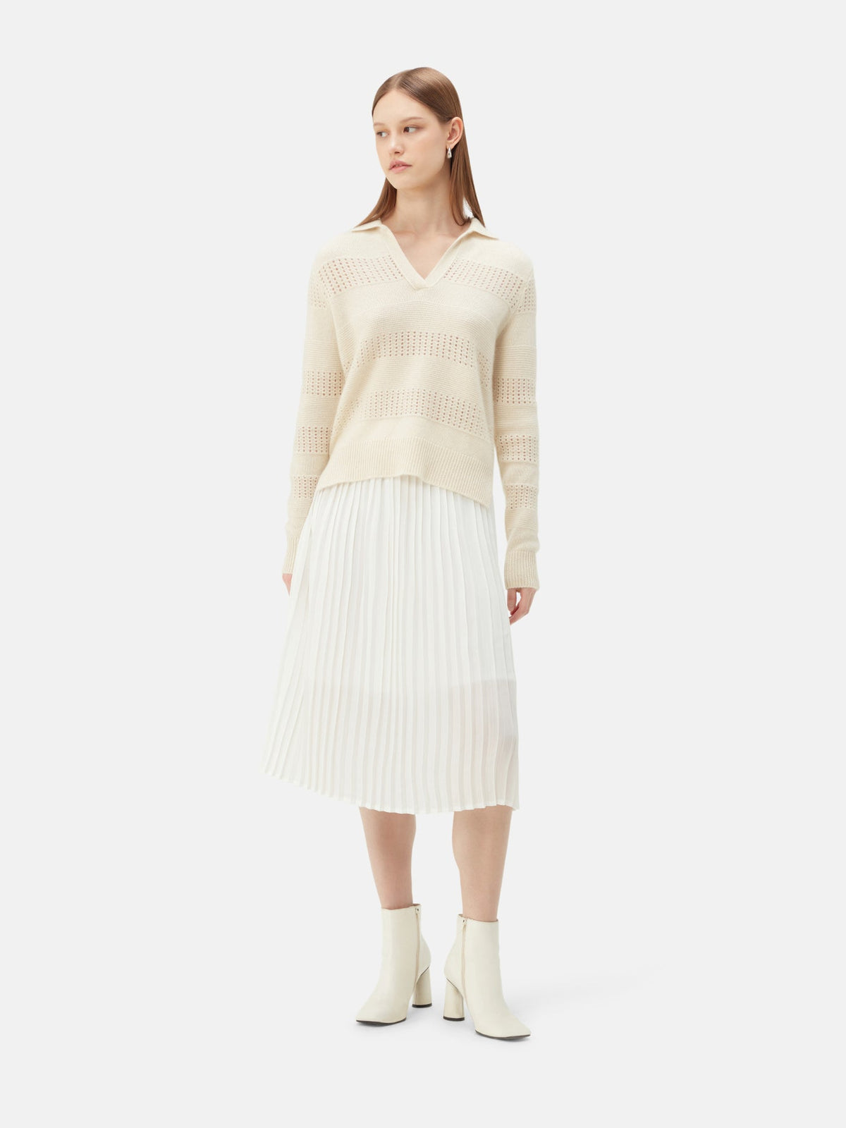 Natural Color Mixed Pattern Cashmere Polo — Off-white