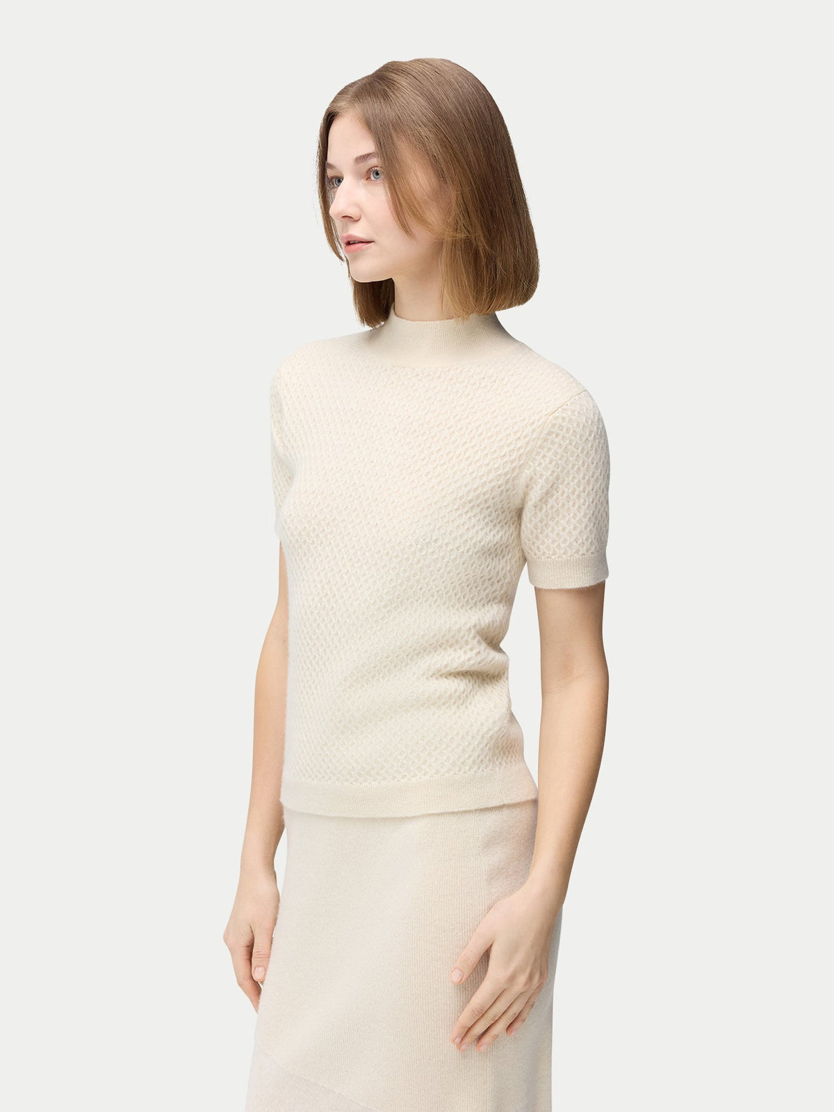 Natural Color Short-sleeve Textured Cashmere Top — Off-white