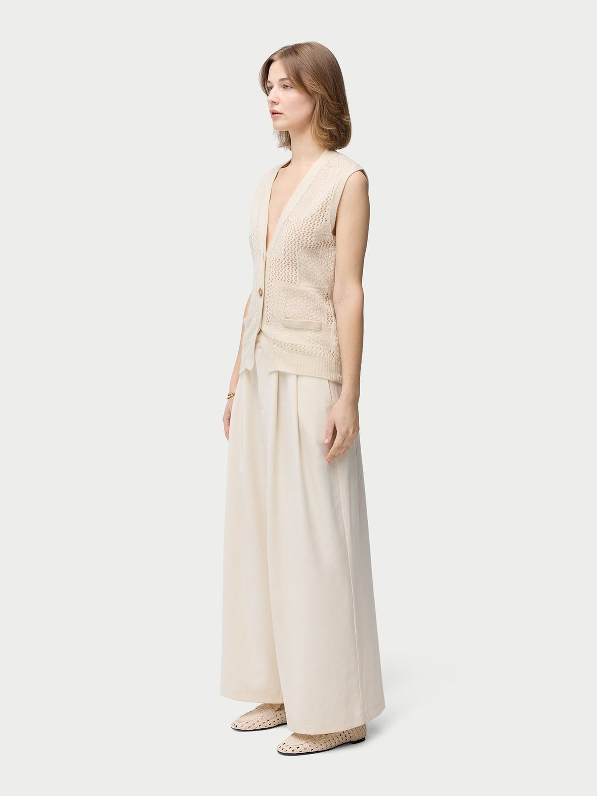 Natural Color Mixed Pattern Cashmere Vest — Off-white