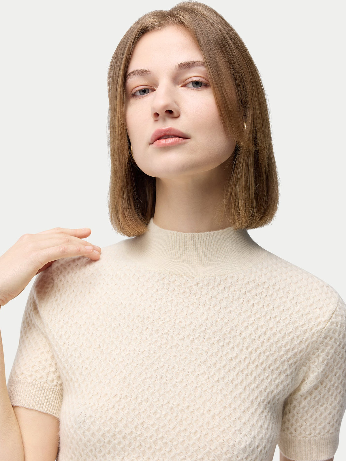 Natural Color Short-sleeve Textured Cashmere Top — Off-white