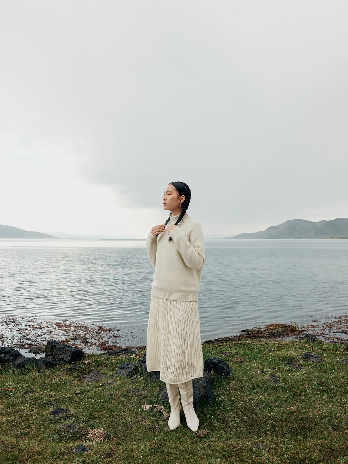 Natural Color Ajour Knit Cashmere Skirt — Off-white