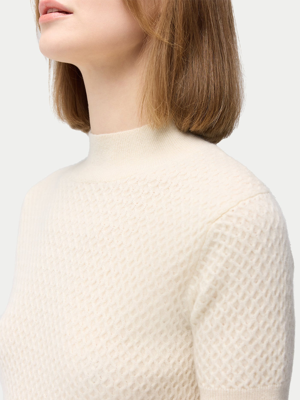 Natural Color Short-sleeve Textured Cashmere Top — Off-white