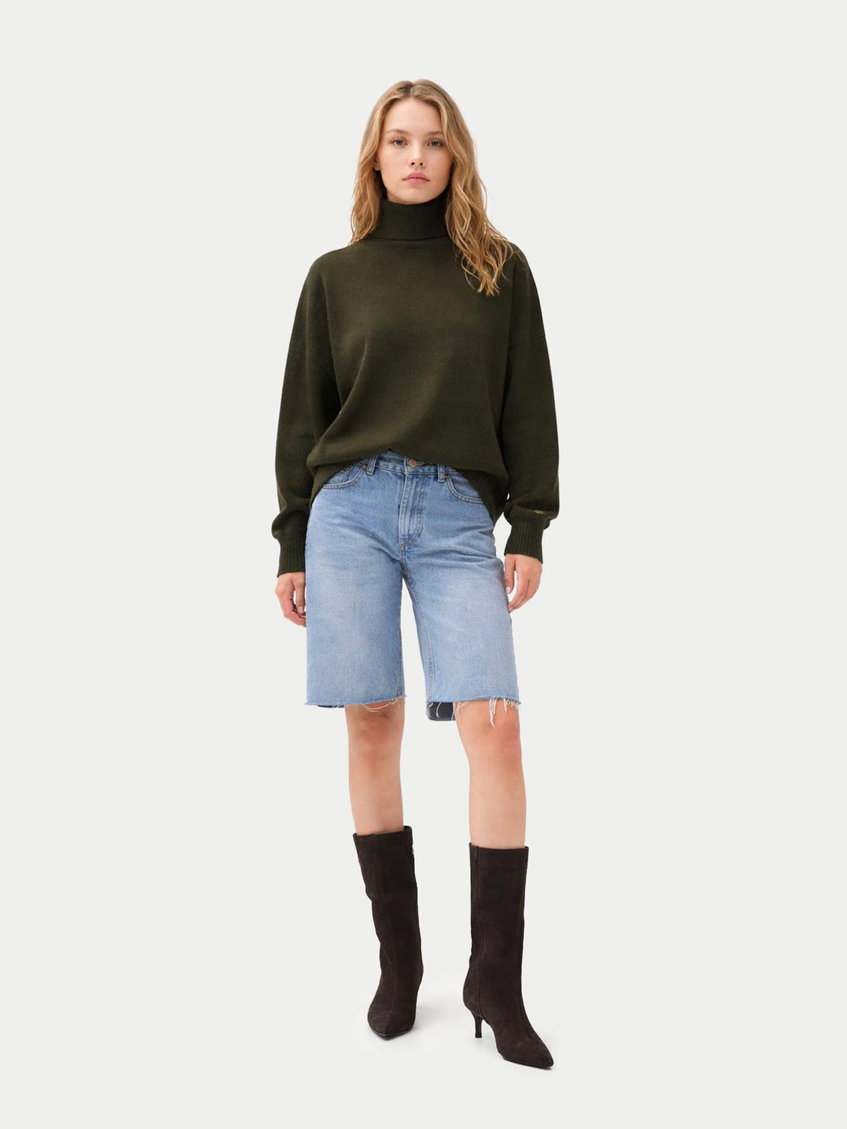 Women T-neck Cashmere Sweater — Olive Green