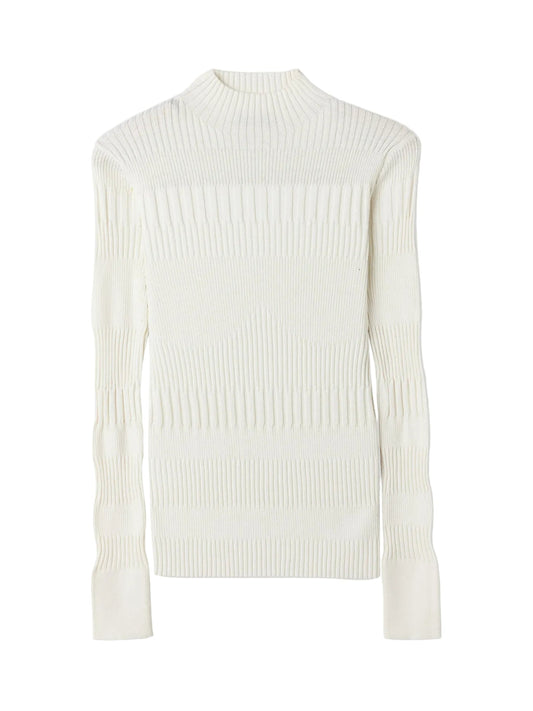 High-neck Ribbed Cotton Silk Cashmere Blend Sweater — Pure White