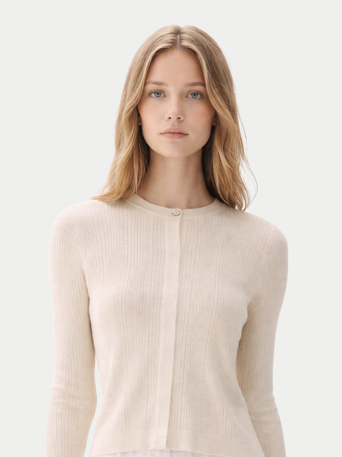 Hidden Button-front Cashmere Silk Cardigan — Pure White