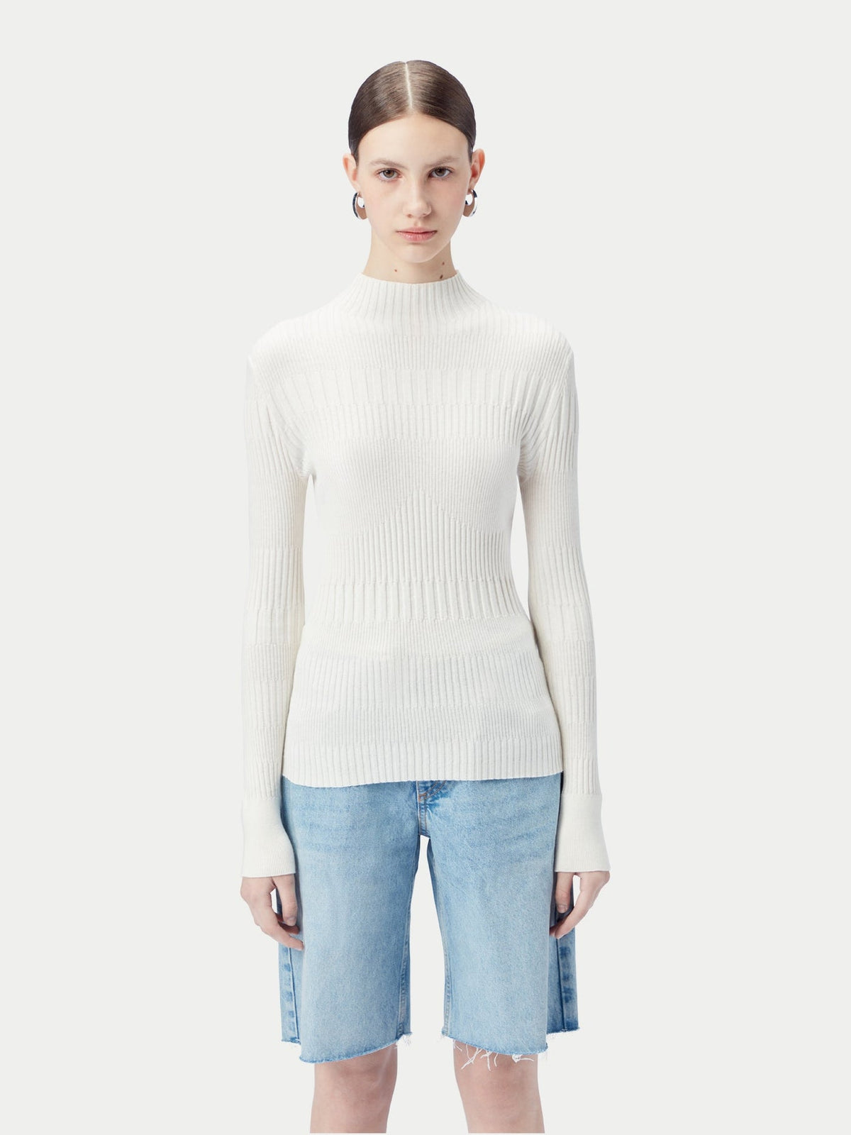 High-neck Ribbed Cotton Silk Cashmere Blend Sweater — Pure White