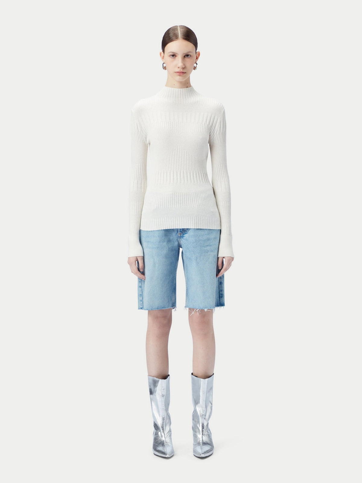 High-neck Ribbed Cotton Silk Cashmere Blend Sweater — Pure White