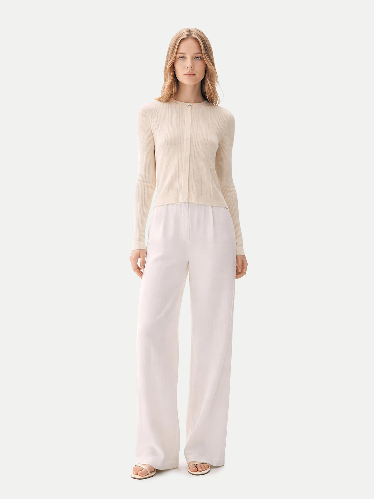Hidden Button-front Cashmere Silk Cardigan — Pure White